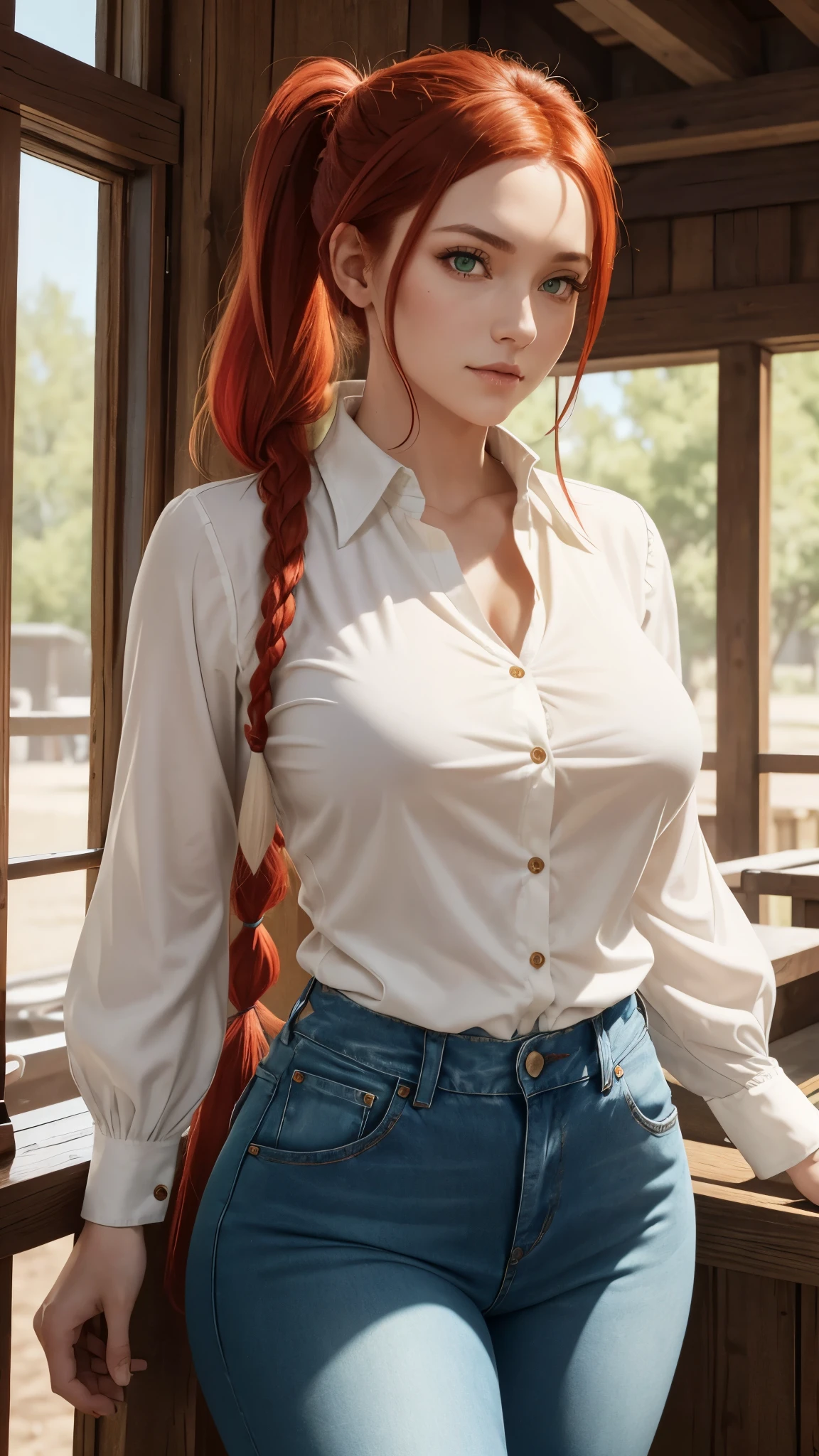 Jessie, a , slender woman with a rustic appeal, stands before a corral on a sunny afternoon. Her red hair is pulled back into a long, braided ponytail secured with a yellow rope. Her green eyes sparkle with excitement as she watches the scene before her. Wearing a two-tone western-style shirt, her blouse is a white long-sleeved top with a yellow front yoke, edged in red and adorned with a red curvy pattern. The cuffs of her shirt match, each with the same red curvy patterns and two white buttons on the front. Her jeans are blue with white chaparritas in front, decorated with cow