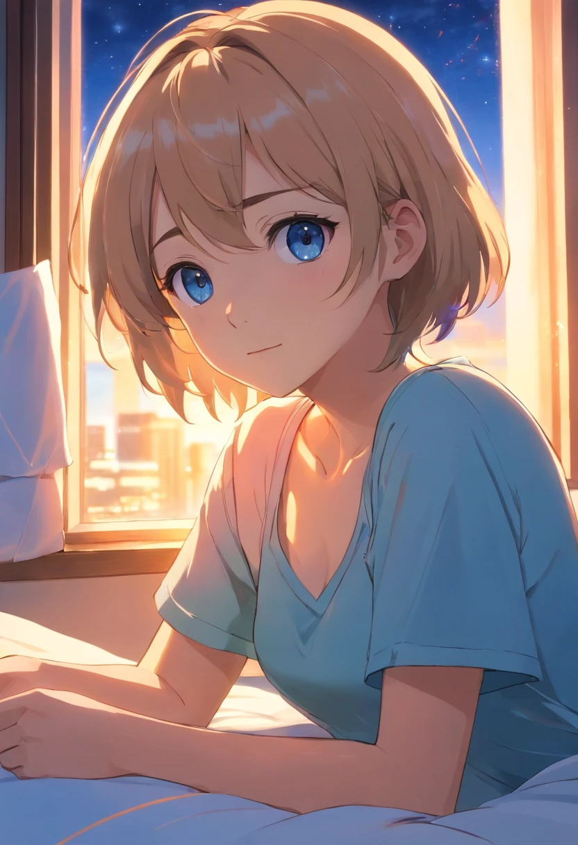 Mujer rubia ojos azules,delgada, sentada en el borde de una cama vestida con una camiseta blanca que deja un hombro al descubierto en el fondo se ve una ventana y la ciudad de noche, una leve luz azul entra por la ventana y le ilumina el rostro que parece preocupado