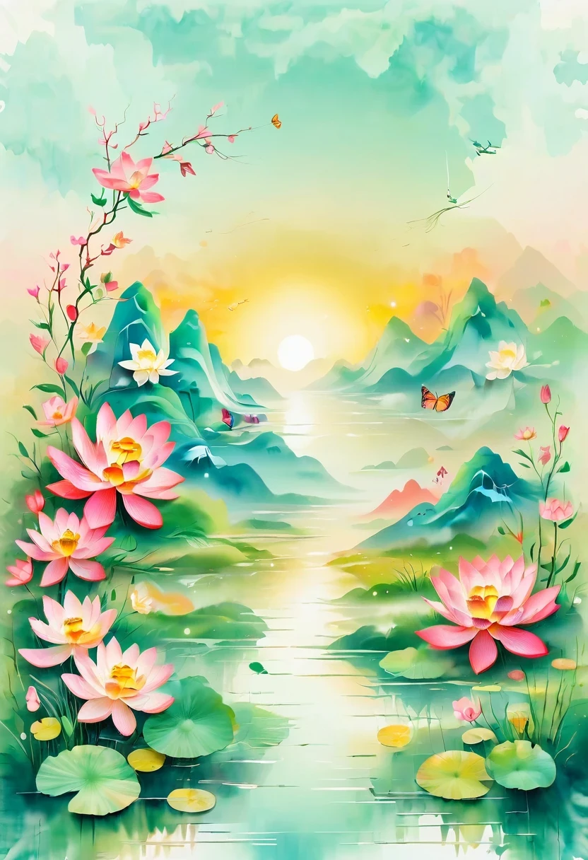(vector art:1.5),a poster，In the background is a colorful landscape and a mountain, Light gradient design, minimal background, Simple background, solid color background, beautiful gradient, iPhone 15 background, Vibrant colors and smooth gradients, Simple background, Simple and clean illustration, 4k high definition illustration wallpaper, poster background, by Cheng Jiasui, abstract scene design