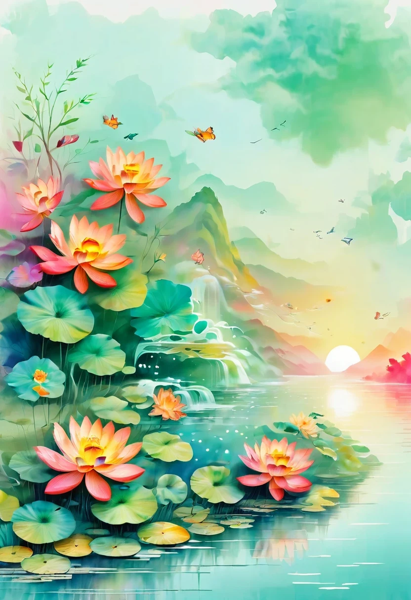 (vector art:1.5),a poster，In the background is a colorful landscape and a mountain, Light gradient design, minimal background, Simple background, solid color background, beautiful gradient, iPhone 15 background, Vibrant colors and smooth gradients, Simple background, Simple and clean illustration, 4k high definition illustration wallpaper, poster background, by Cheng Jiasui, abstract scene design