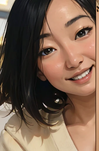 Risa, black haired japanese girl, short black hair, sitting in classroom in uniform , cute, beautiful, realistic style, highly detailed, 4k, look at camera, face close-up, laughing, ((golden ratio, center frame)), (((RISA))), face in center of picture
