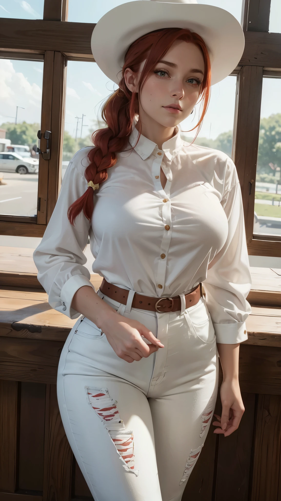 Jessie, a , slender woman with a rustic appeal, stands before a corral on a sunny afternoon. Her red hair is pulled back into a long, braided ponytail secured with a yellow rope. Her green eyes sparkle with excitement as she watches the scene before her. Wearing a two-tone western-style shirt, her blouse is a white long-sleeved top with a yellow front yoke, edged in red and adorned with a red curvy pattern. The cuffs of her shirt match, each with the same red curvy patterns and two white buttons on the front. Her jeans are blue with white chaparritas in front, decorated with cow. White hat