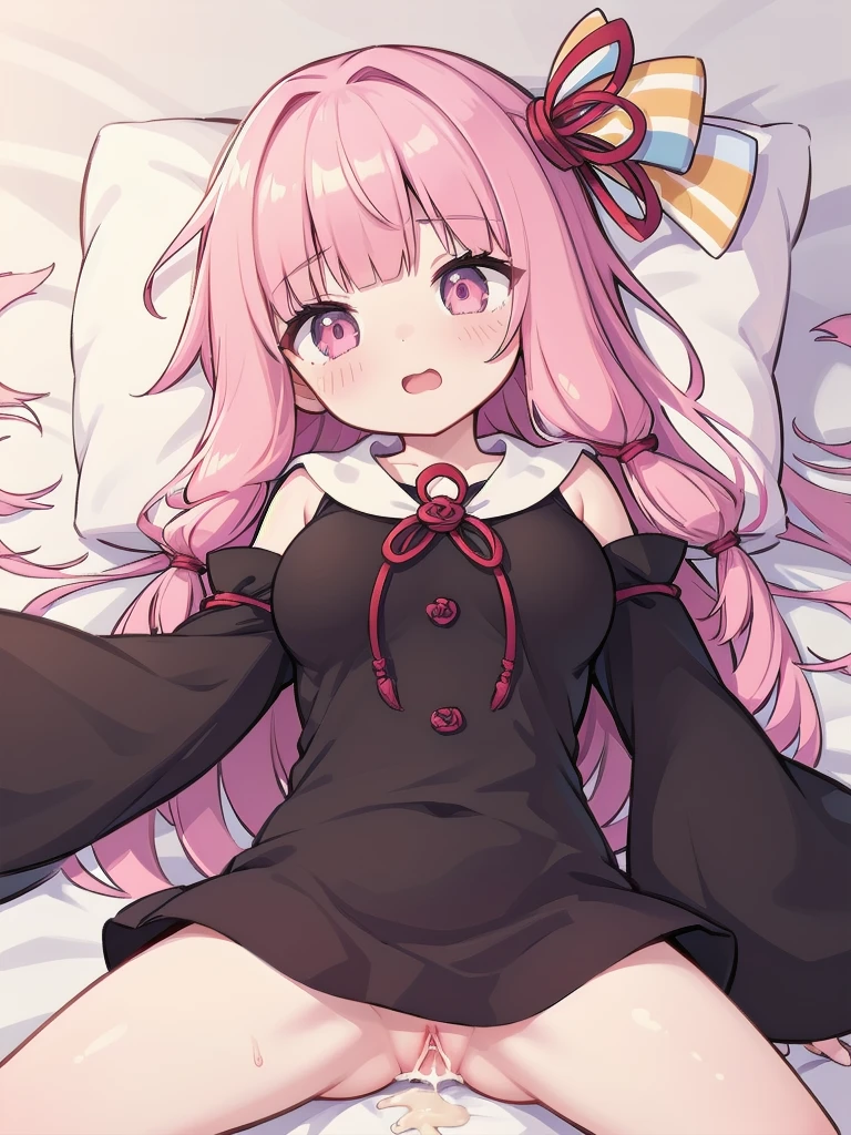 (((full body))), (highest quality:1.2), alone, 1 girl, kotonoha akane, ((pink hair)), smile, looking at the viewer, hair ribbon, black dress, removed sleeve, wide sleeve, bare shoulders,  (((spread legs onbed))),(((vaginal,sex))),(((cum in pussy))),(((from above))), (((lying on bed))),(((white bed sheet))),(((lie on the pillow))),(((perfect anatomy))),(masterpiece:1.0),(Highest_quality:1.0),detailed,highly detailed,ultra detailed,extremely detailed CG,super high resolution,4k,super detailed, photograph,high resolution,8K,HDR,Highly detailed CG Unity 8k wallpaper,super detailed skin,detailed beautiful eyes,detailed beautiful face,detailed beautiful face and eyes,very detailed background,perfect,lighting,colorful, bright_front_face_lighting,shiny skin,(highly detailed background),looking at the viewer,(Focus on her face), solo, upper body, looking at viewer, upper angle, perfect quality, good quality, masterpiece, HDR, UHD missionary position,masterpiece,best quality,detailed,highly detailed,ultra detailed,extremely detailed CG,high resolution,8K,super detailed skin, ((detailed beautiful eyes)),detailed beautiful face,detailed beautiful face and eyes,very detailed background,highly detailed background,(front view),(((super big breasts))),looking at viewer,The girl&#39;s breasts aren&#39;t exposed at all., You can clearly see that she has very large breasts.,((kawaii)),((orgasm face)),