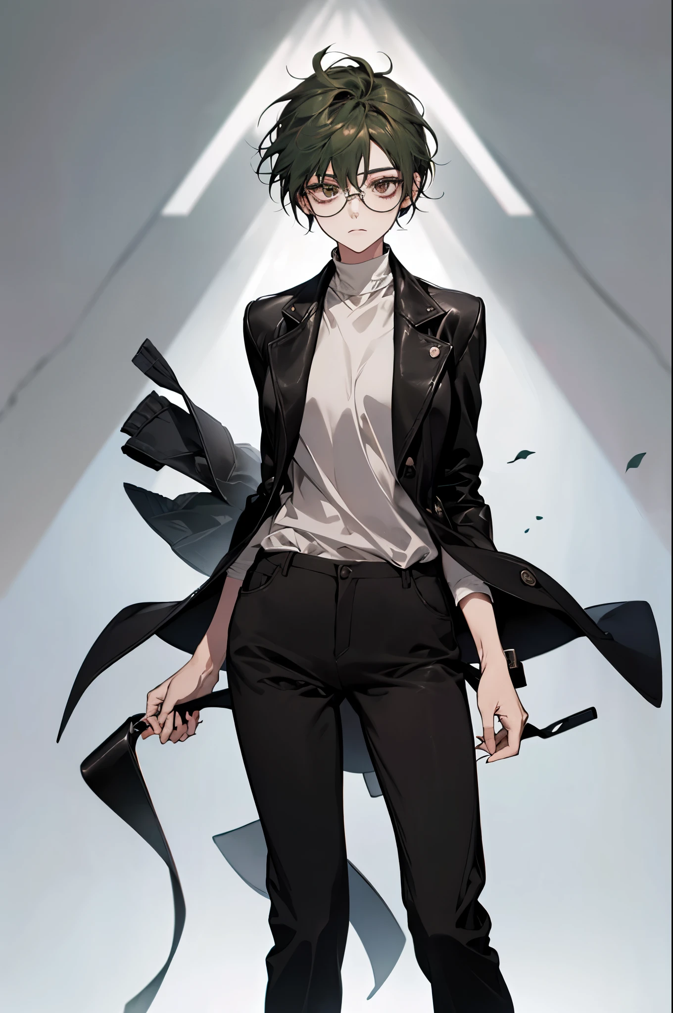 stand facing forward、Standing picture、stand up straight、simple background、beautiful girl、one person、highest quality、Dark green hair color、boyish、short hair、black glasses、Stinking eyes、Three white eyes、headphones、black clothes、black long pants、leather jacket、white inner、bootasterpiece、8k、perfect anatomy