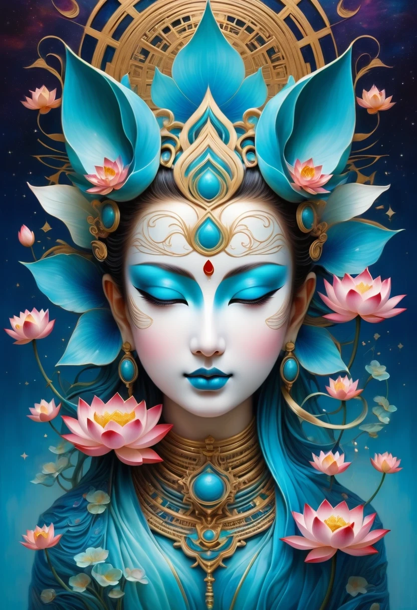 Imagine a tranquil scene inspired by Buddhist philosophy,A vibrant lotus flower stands against a background of intense turquoise tones。The lotus symbolizes purity and enlightenment,Complex petals bloom,exudes a sense of tranquility。As you gaze deeper into the image,You will notice an arrangement similar to a mandala,The constellations are arranged elegantly。A fusion of Buddhist symbolism with astrological elements,consistency,Induce contemplation and a timeless sense of connection。(The sculpture is surrealist and realist: 1.5), (Kaneko,Blue and white porcelain mask), (metal wings: 1.2), (Fox futuristic mask: 1.2), (Internet pop kawaii fractal art: 1.6), (Tobias Gramler (Tobias Gramler) Art style,smooth shapes: 1.6), (Organic geometric mixture: 1.6),ultra high resolution: 1.4),(particle effect: 1.4), (depth of field: 1.4), (geometric-dotist abstraction: 1.6), (generative fluid fractal algorithm: 1.6).