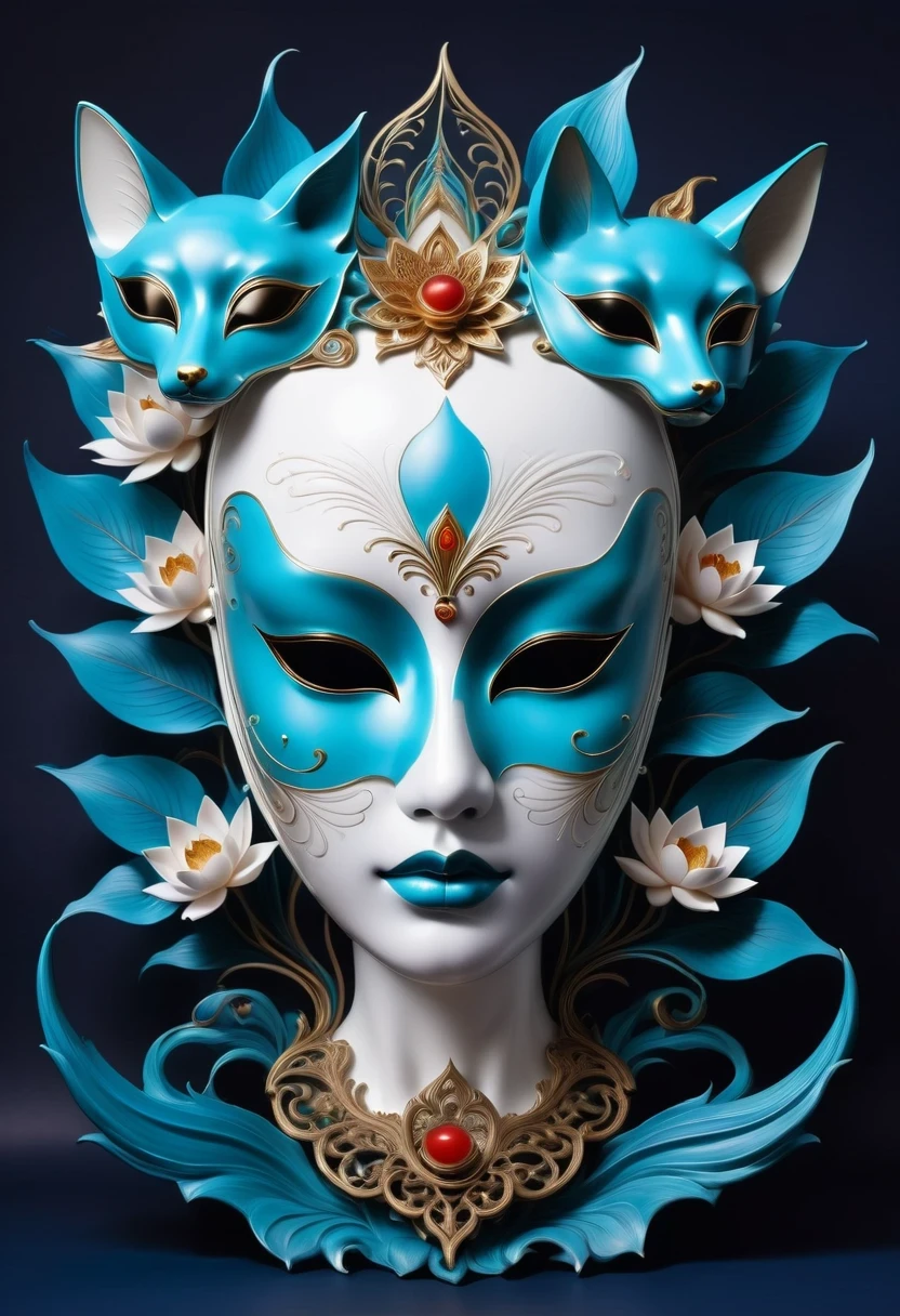 Imagine a tranquil scene inspired by Buddhist philosophy,A vibrant lotus flower stands against a background of intense turquoise tones。The lotus symbolizes purity and enlightenment,Complex petals bloom,exudes a sense of tranquility。As you gaze deeper into the image,You will notice an arrangement similar to a mandala,The constellations are arranged elegantly。A fusion of Buddhist symbolism with astrological elements,consistency,Induce contemplation and a timeless sense of connection。(The sculpture is surrealist and realist: 1.5), (Kaneko,Blue and white porcelain mask), (metal wings: 1.2), (Fox futuristic mask: 1.2), (Internet pop kawaii fractal art: 1.6), (Tobias Gramler (Tobias Gramler) Art style,smooth shapes: 1.6), (Organic geometric mixture: 1.6),ultra high resolution: 1.4),(particle effect: 1.4), (depth of field: 1.4), (geometric-dotist abstraction: 1.6), (generative fluid fractal algorithm: 1.6).