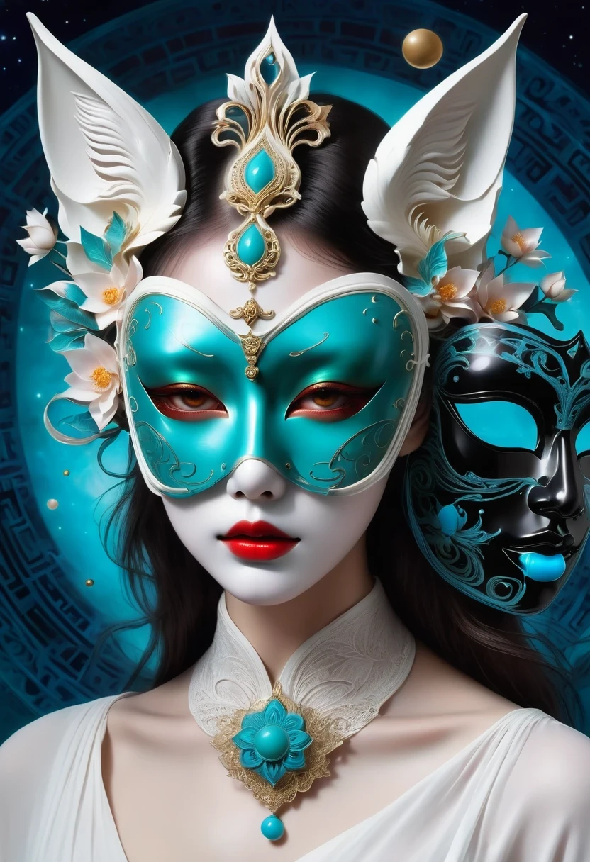 Imagine a tranquil scene inspired by Buddhist philosophy，A vibrant lotus flower stands against a background of intense turquoise tones。The lotus symbolizes purity and enlightenment，Complex petals bloom，exudes a sense of tranquility。As you gaze deeper into the image，You will notice an arrangement similar to a mandala，The constellations are arranged elegantly。A fusion of Buddhist symbolism with astrological elements，consistency，Induce contemplation and a timeless sense of connection。(The sculpture is surrealist and realist: 1.5), (Kaneko，Blue and white porcelain mask)， (metal wings: 1.2), (Fox futuristic mask: 1.2), (Internet pop kawaii fractal art: 1.6), (Tobias Gramler (Tobias Gramler) Art style，smooth shapes: 1.6), (Organic geometric mixture: 1.6),ultra high resolution: 1.4),(particle effect: 1.4), (depth of field: 1.4), (geometric-dotist abstraction: 1.6), (generative fluid fractal algorithm: 1.6).
