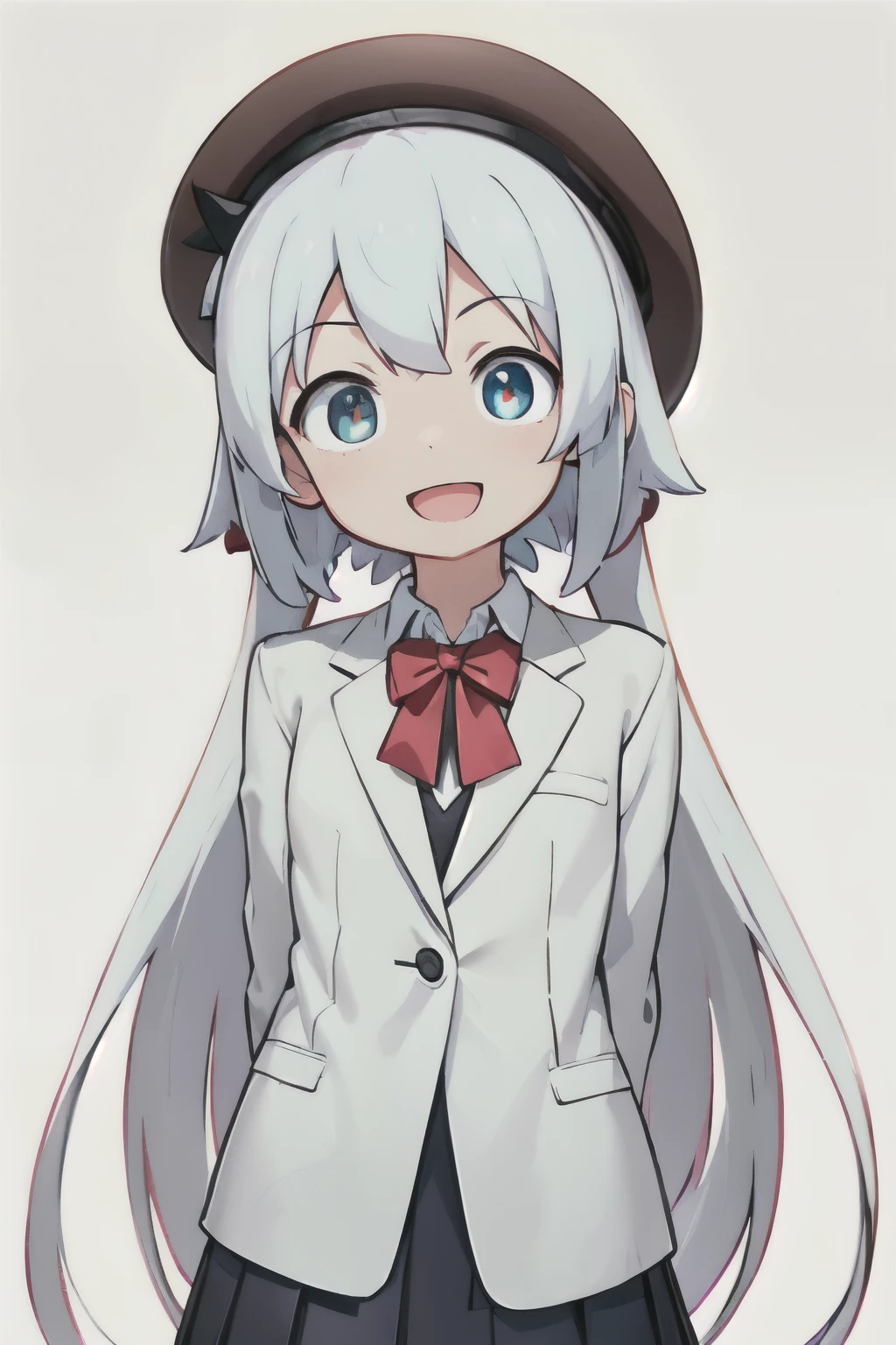 white background、Solid white background、blank background、arms behind back、hide your hands、beautiful detailed eyes、red eyes、White hair x red eyes、White hair, red eyes、redhead inside、「tsurime」Upper body photographed from the front,(high quality, Breathtaking),(delicate eyes, perfect face)solo,Era: late 20s, open your mouth without showing your teeth、Smile with mouth wide open、open your mouth wide、shoulder-length short hair,, white hair,long hair, white hair, white long sleeve blazer clothes,white pleated skirt、White beret