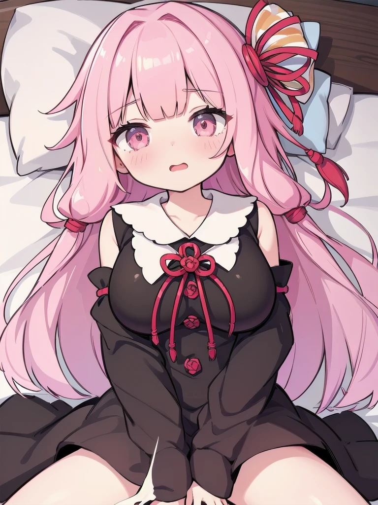 (((full body))), (highest quality:1.2), alone, 1 girl, kotonoha akane, ((pink hair)), smile, looking at the viewer, hair ribbon, black dress, removed sleeve, wide sleeve, bare shoulders,  (((spread legs onbed))),(((vaginal,sex))),(((cum in pussy))),(((from above))), (((lying on bed))),(((white bed sheet))),(((lie on the pillow))),(((perfect anatomy))),(masterpiece:1.0),(Highest_quality:1.0),detailed,highly detailed,ultra detailed,extremely detailed CG,super high resolution,4k,super detailed, photograph,high resolution,8K,HDR,Highly detailed CG Unity 8k wallpaper,super detailed skin,detailed beautiful eyes,detailed beautiful face,detailed beautiful face and eyes,very detailed background,perfect,lighting,colorful, bright_front_face_lighting,shiny skin,(highly detailed background),looking at the viewer,(Focus on her face), solo, upper body, looking at viewer, upper angle, perfect quality, good quality, masterpiece, HDR, UHD missionary position,masterpiece,best quality,detailed,highly detailed,ultra detailed,extremely detailed CG,high resolution,8K,super detailed skin, ((detailed beautiful eyes)),detailed beautiful face,detailed beautiful face and eyes,very detailed background,highly detailed background,(front view),(((super big breasts))),looking at viewer,The girl&#39;s breasts aren&#39;t exposed at all., You can clearly see that she has very large breasts.,((kawaii)),((orgasm face)),