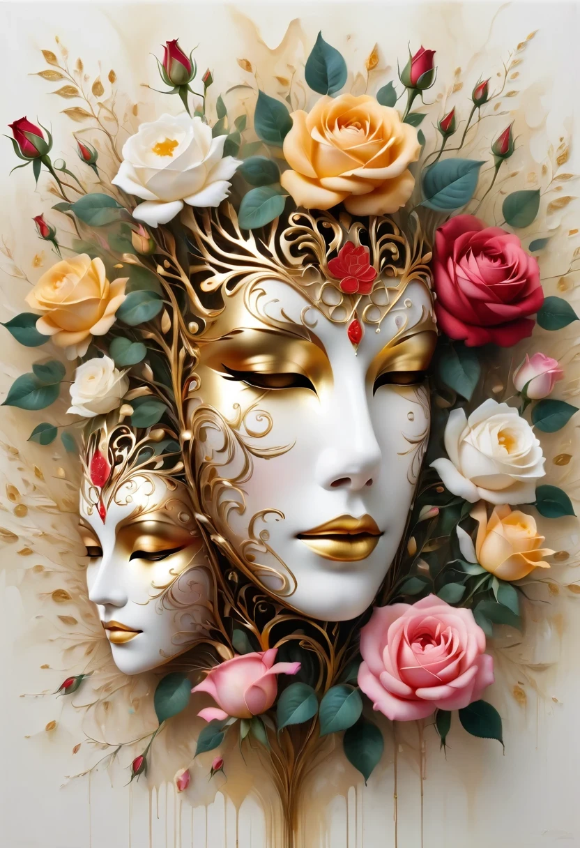 （best quality，4K，masterpiece：1.2），super detailed，lifelike:1.37，beautiful symmetrical mask，Apply with thick strokes and wet paint, golden ratio, melted wax |, visible strokes, rose symmetry mask，White mask surrounded by roses, Mosaic wireframe 3d, neuroimaging, Neurons, tree of Life, rape, like, enthusiasm, oil painting on canvas, thick strokes, Very detailed, 8K Ultra HD, masterpiece, art station, surreal，symmetry art