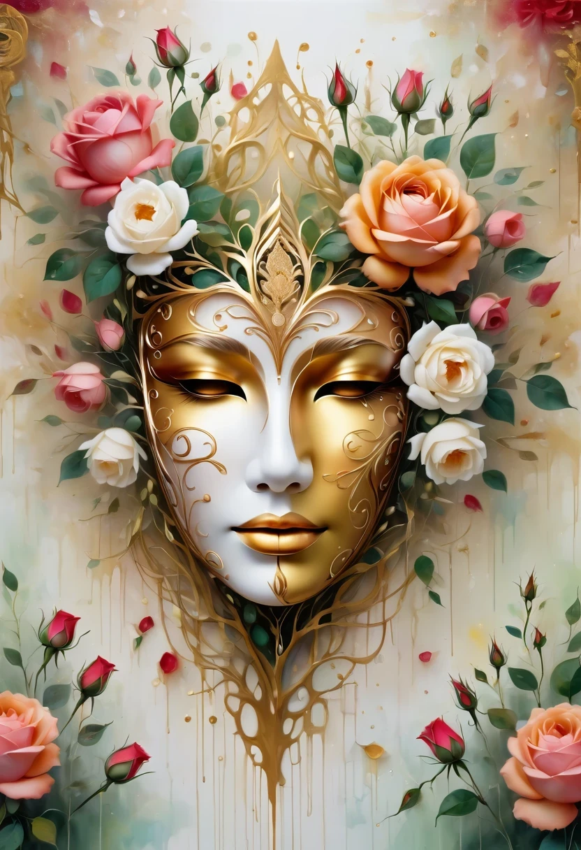 (best quality,4K,masterpiece:1.2),super detailed,lifelike:1.37,beautiful symmetrical mask,Apply with thick strokes and wet paint, golden ratio, melted wax |, visible strokes, rose symmetry mask,White mask surrounded by roses, Mosaic wireframe 3d, neuroimaging, Neurons, tree of Life, rape, like, enthusiasm, oil painting on canvas, thick strokes, Very detailed, 8K Ultra HD, masterpiece, art station, surreal,symmetry art