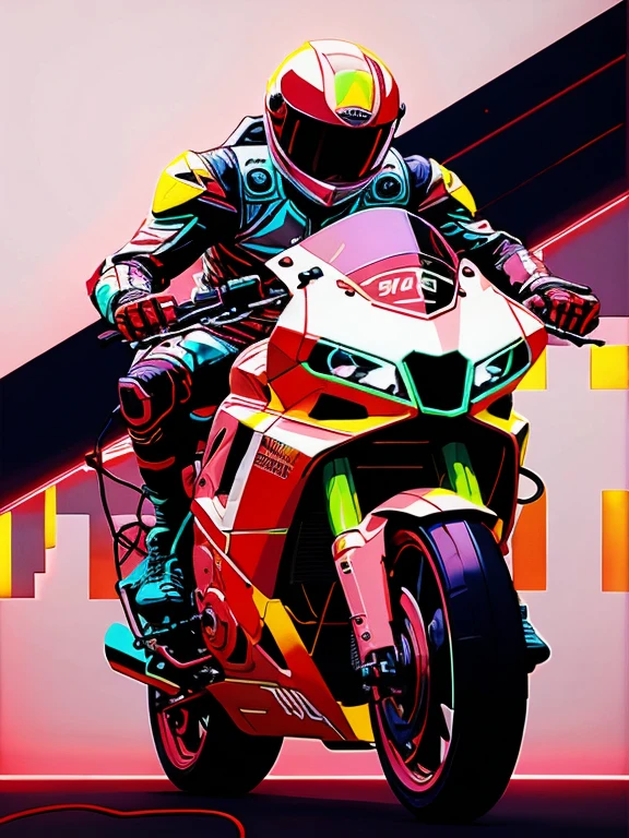 brightly colored motorcycle rider in a neon outfit riding a motorcycle, in style of digital illustration, kilian eng vibrant colors, masterpiece epic retrowave art, sitting on cyberpunk motorbike, cyberpunk art style, neon digital art, futuristic art style, synthwave art style!!, hyper color digital art