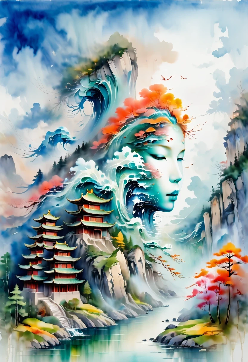 a landscape painting,Meticulous,Inspired by thousands of miles of rivers and mountains,Fuchun Mountain Residence Map,Expression techniques of cirrus clouds,flat illustration,traditional Chinese painting,Chinese landscape painting,Chinese architecture,cloud,vertical waterfall on cliff,Vibrant pine trees,fall,Takayama,wonderland,Dangerous situations,dangerous,3D facial mask,Black:1.37,Mineral pigments,Ultramarine,Track gold,Clear contours,sketch,Dry Lafa