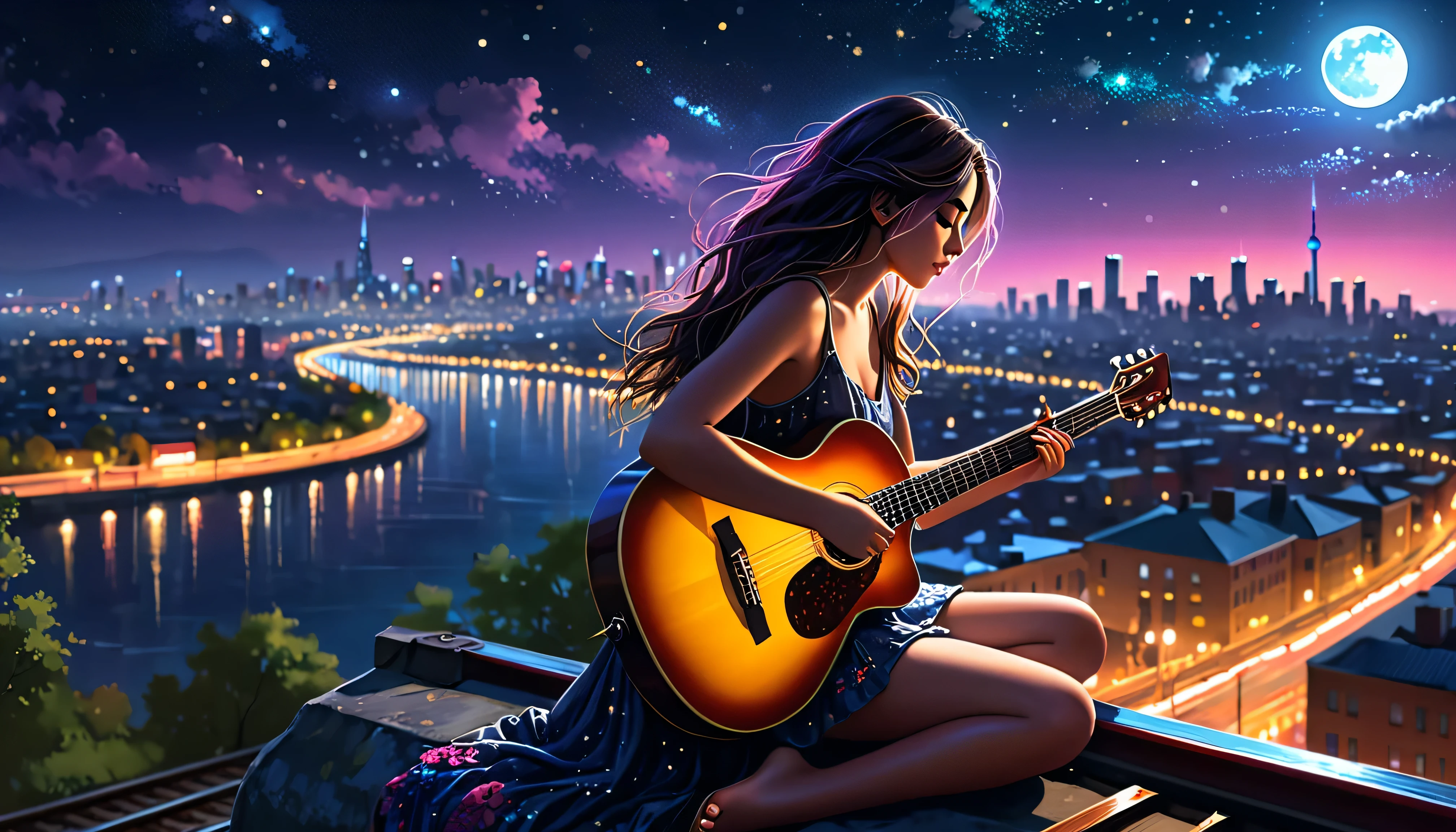 (best quality,4k,8k,highres,masterpiece:1.2),uma girl sitting alone in the night with her guitar facing away from the camera, looking towards a brightly lit city at night, with a train on the horizon,ultra-detailed,realistic:1.37,portraits,illustration,painting,lonely,tranquil,melancholic,dark colors,moody lighting,colorful city lights,musical talent,romantic atmosphere,serene night sky,peaceful ambiance,softly lit,captivating scenery,expressive eyes,hair blowing in the wind,vibrant metropolitan view,emotive melodies,surreal urban landscape,shining stars,silhouetted trees,ethereal moonlight,ambient vibes,dreamy ambiance,detailed guitar strings,nighttime adventures,luminous cityscape,melodies echoing through the empty streets,melancholy melodies filling the air.