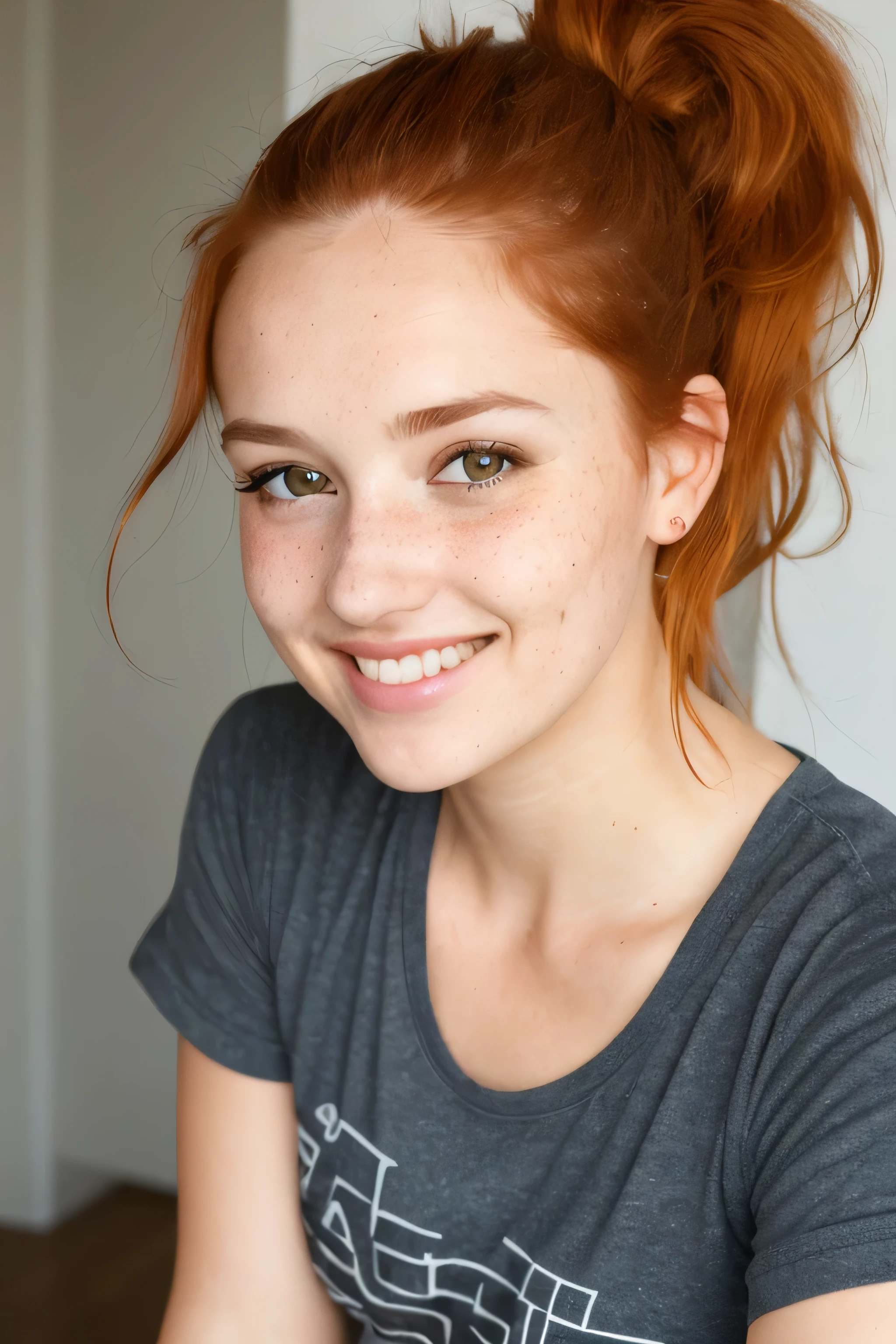 beautiful woman, close up, t-shirt, (detailed eyes:0.8), (looking at the camera:1.4), (highest quality), (best shadow), brown eyes, rim lighting, two tone lighting, dimly lit, low key, intricate details, interior, ponytails, ginger hair:1.3, open mouth:0.7, cute smile, freckles  