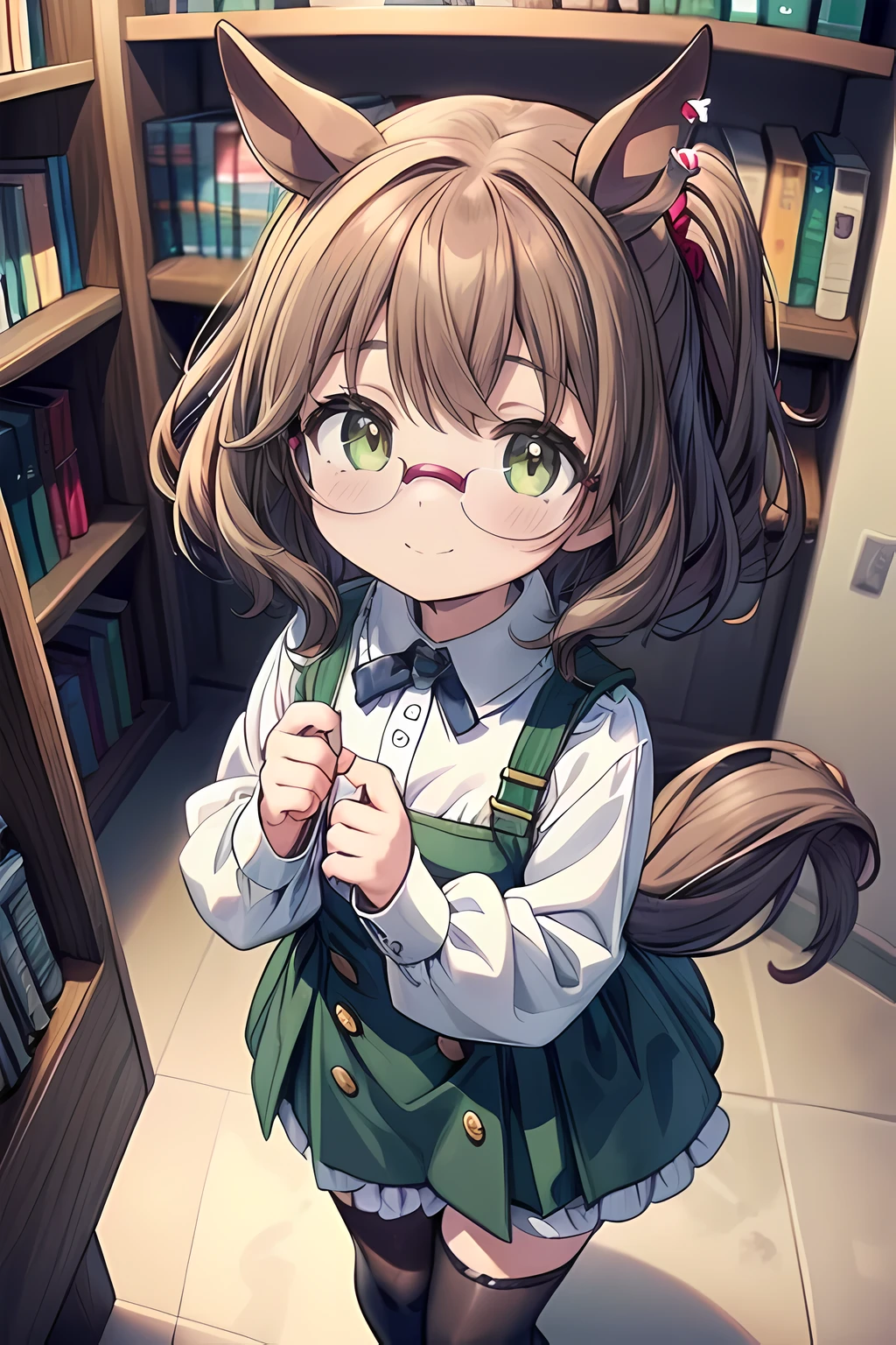 1girl, solo, (brown hair, short hair, green eyes, side tail, horse ears, small breasts:1.2), (very young child:1.6), (long sleeves, white shirt, frills, green skirt, button, black thighhighs, suspender:1.2), espectacled, red-framed eyewear, (masterpiece, best quality:1.5), (highres, ultra detailed, unity 8k wallpaper, shiny hair, library, shoot from above, happy, smile, cowboy shot:1.2), blush, looking at viewer