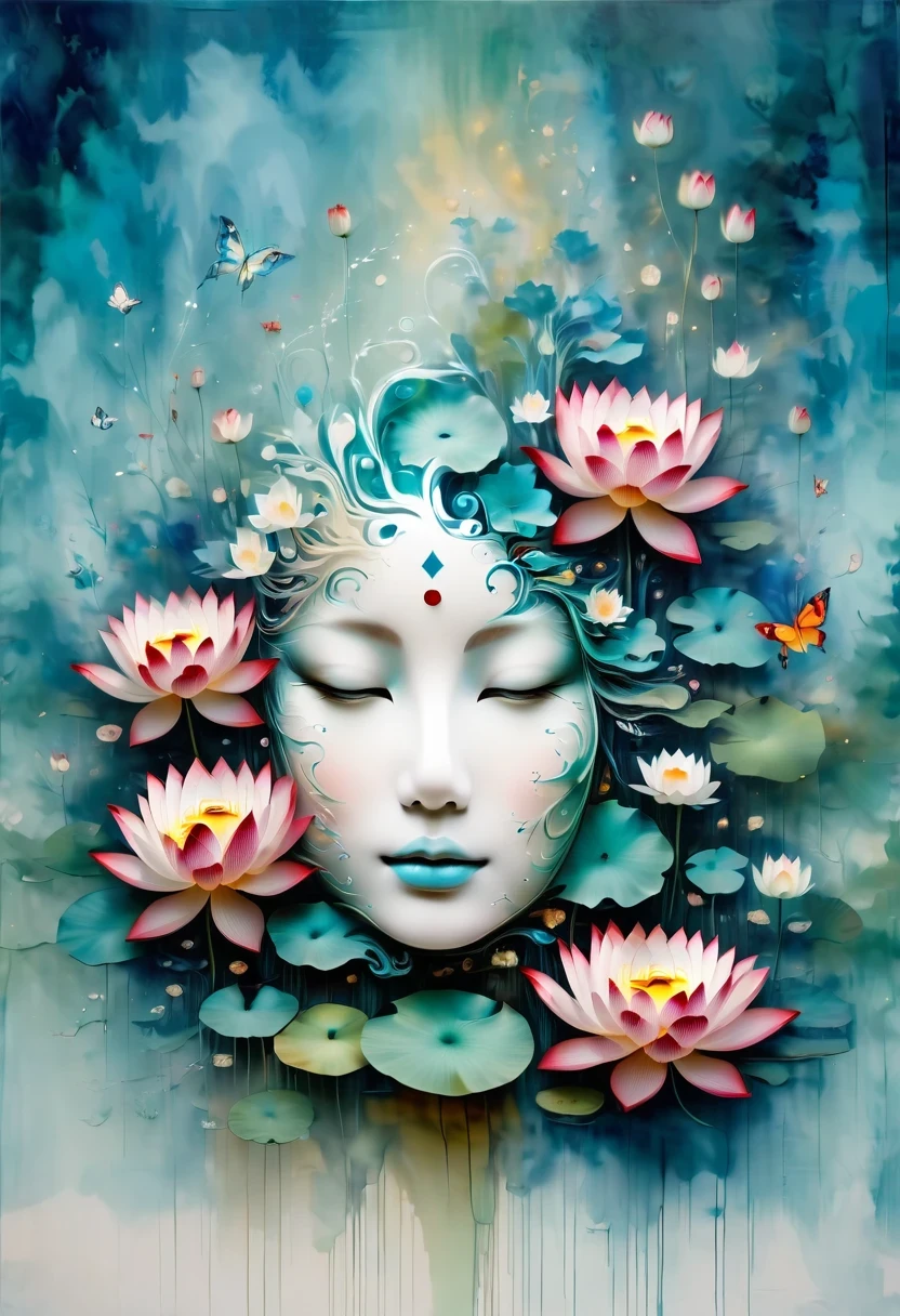 Imagine a tranquil scene inspired by Buddhist philosophy,A vibrant lotus flower stands against a background of intense turquoise tones。The lotus symbolizes purity and enlightenment,Complex petals bloom,exudes a sense of tranquility。As you gaze deeper into the image,You will notice an arrangement similar to a mandala,The constellations are arranged elegantly。A fusion of Buddhist symbolism with astrological elements,consistency,Induce contemplation and a timeless sense of connection。(The sculpture is surrealist and realist: 1.5), (Kaneko,Blue and white porcelain mask), (metal wings: 1.2), (Fox futuristic mask: 1.2), (Internet pop kawaii fractal art: 1.6), (Tobias Gramler (Tobias Gramler) Art style,smooth shapes: 1.6), (Organic geometric mixture: 1.6),ultra high resolution: 1.4),(particle effect: 1.4), (depth of field: 1.4), (geometric-dotist abstraction: 1.6), (generative fluid fractal algorithm: 1.6).