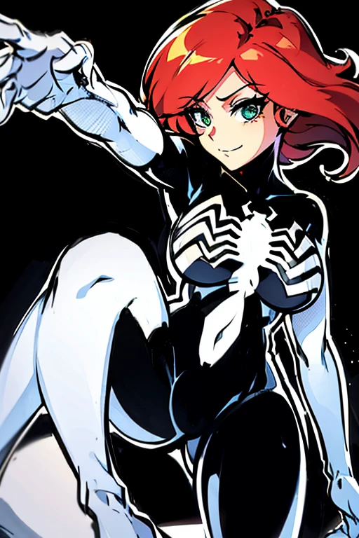 red head short side parted tucked to the side asymmetrical smooth straight bob hair green eye cute gorgeous looking woman wearing black&white viscous liquid symbiote suit, no wrinkles, bodysuit, spider-girl, skin tight