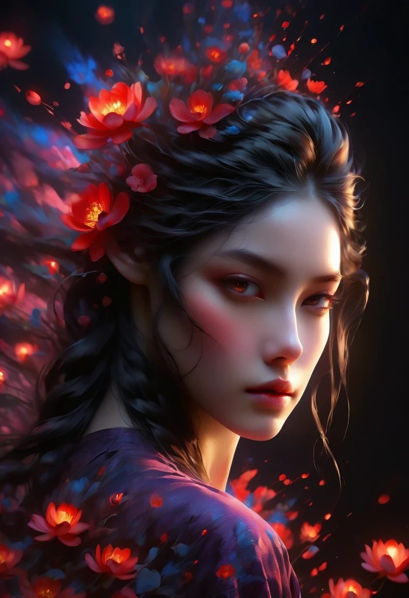 (masterpiece, best quality, super detailed, best shadow), (Detailed background,dark fantasy), (Beautiful and delicate face), high contrast, (best lighting, extremely delicate and beautiful), ((Cinema lights)), colorful, Super detailed, dramatic light, intricate details, (1 girl, alone,black hair, Pointed face,low ponytail,Red eyes, hair between eyes,Dynamic angle), blood spatter, Black light swirls around the character, depth of field,black light particles roken ggic round,