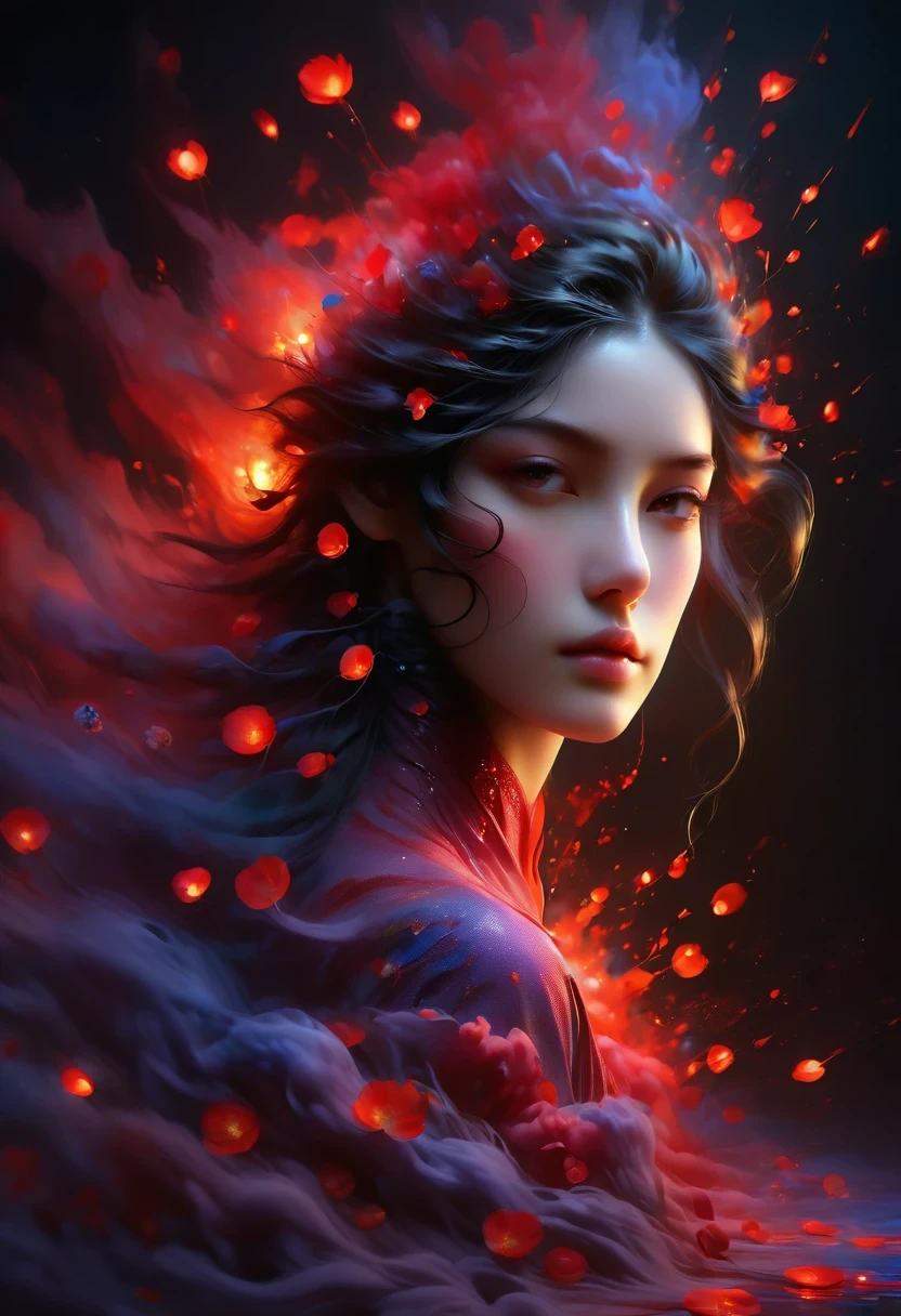 (masterpiece, best quality, super detailed, best shadow), (Detailed background,dark fantasy), (Beautiful and delicate face), high contrast, (best lighting, extremely delicate and beautiful), ((Cinema lights)), colorful, Super detailed, dramatic light, intricate details, (1 girl, alone,black hair, Pointed face,low ponytail,Red eyes, hair between eyes,Dynamic angle), blood spatter, Black light swirls around the character, depth of field,black light particles roken ggic round,