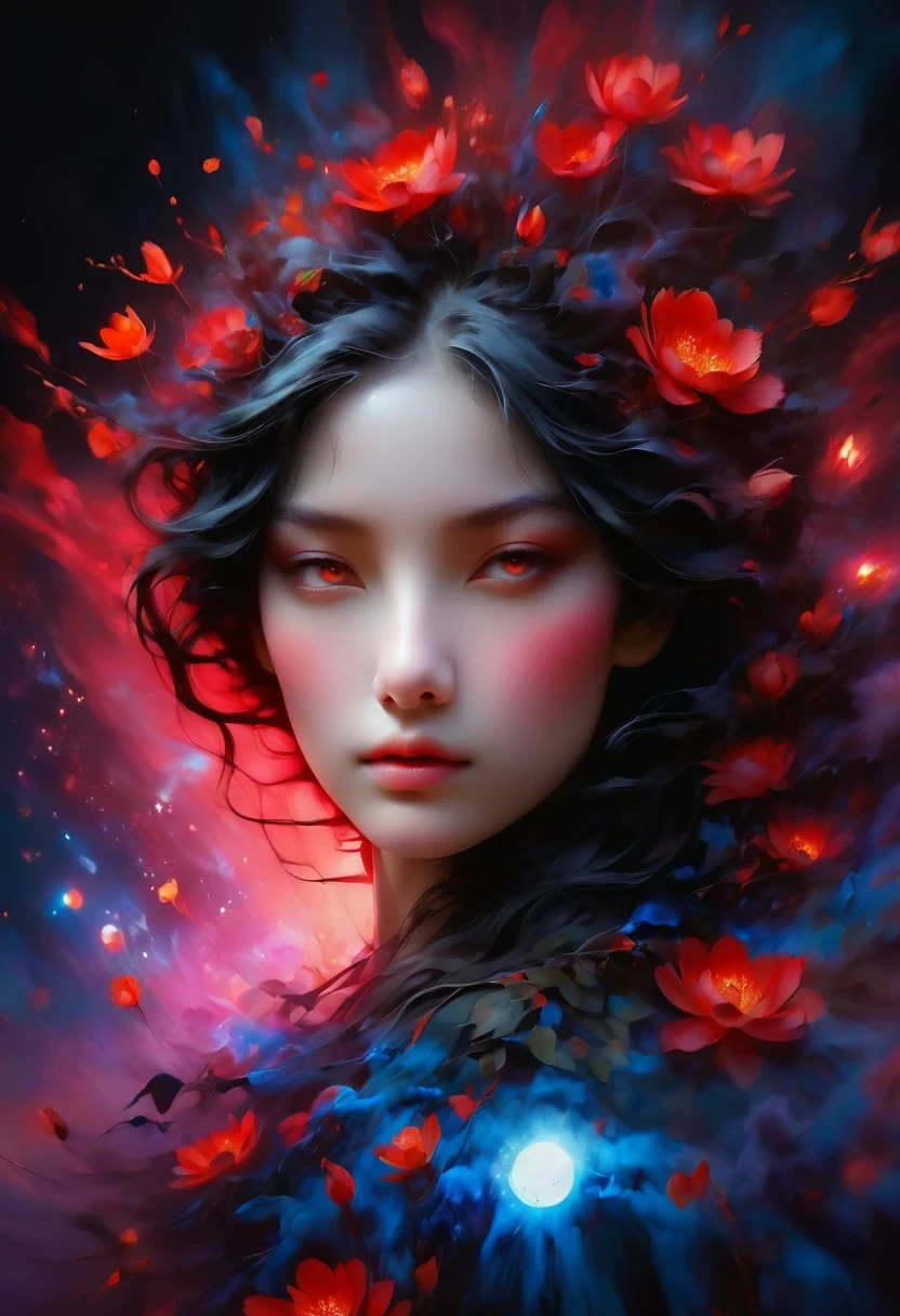 (masterpiece, best quality, super detailed, best shadow), (Detailed background,dark fantasy), (Beautiful and delicate face), high contrast, (best lighting, extremely delicate and beautiful), ((Cinema lights)), colorful, Super detailed, dramatic light, intricate details, (1 girl, alone,black hair, Pointed face,low ponytail,Red eyes, hair between eyes,Dynamic angle), blood spatter, Black light swirls around the character, depth of field,black light particles roken ggic round,