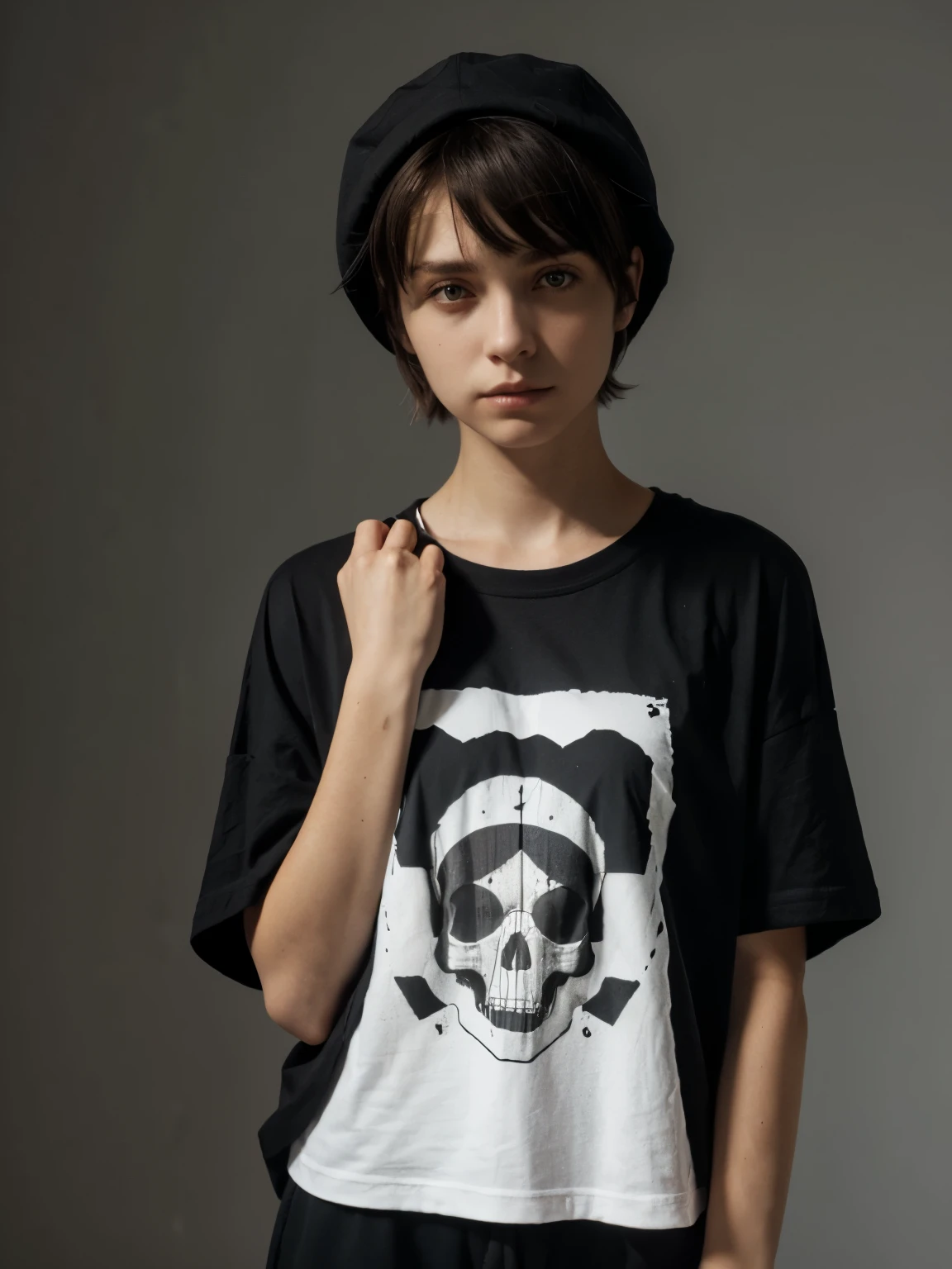 (Monocrhome), dark, (oversize clothes) (thoughtful poses) in love, chiaroscuro, black and white, 90s girl, simple background, minimalistic, beautifull, ((photoshot)), baggy clothes, wearing bucket hat, black oversize shirt, girl with pixie cut hairstyle, woman, dark background highlighting the figure. Natural lighting, stunning realism, minimalistic, simple background, thoughtful expression, (skull graphic in t-shirt), neoperreo, nadia.