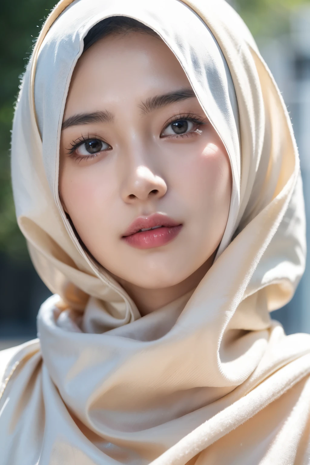 Photo portrait of a beautiful Bandung girl wearing a hijab and dimples, around 17 years old, (plain black hijab), (portrait medium shot:1.3), dramatic light, Rembrandt lighting scheme, (hyperrealism:1.2), (8K UHD: 1.2), ( photorealistic:1.2), shot with Canon EOS 5D Mark IV, facial detail, skin texture detail, smooth, flawless skin, glowing complexion, silky touch, even texture, blemish-free, radiant appearance, youthful look, soft and supple skin, poreless, perfect skin tone, porcelain-like complexion, velvety smoothness, dewy and fresh skin, natural beauty, healthy and vibrant skin, standing in street