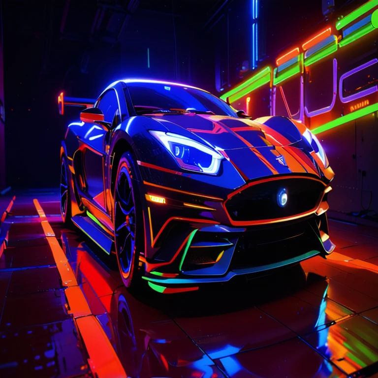 a brightly lit sports car in a neon garage with neon signs, neon digital art, neon lit, neon art style, stylized neon, colorized neon lights, bold lamborghini style, glowing neon, neon lightning, futuristic neon, wallpaper 4k, wallpaper 4 k, glow of neon lights, neon volumetric lights, neon art, neon glowing, hyper colorful, neon outline