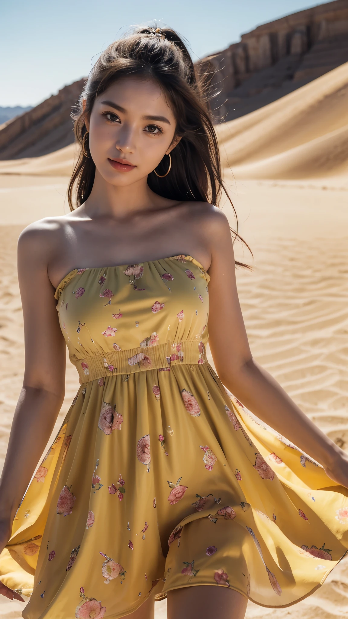 8k, highest quality, ultra detailed:1.37), Eliana, ((18 years)), a beautiful Asian girl, (Sahara Desert), ((flat desert view)), (((Highway))), ((cactus)), (sand surface), (desert sand), ((Evening Light)), (Beautiful Luxury floral Yellow Sundress), ((luxury yellow floral colour dress)), The high-resolution image captures ultra-detailed realism, highlighting Eliana's determined expression, piercing eyes, and confident stance, adding to the authenticity and significance of the image. This visually striking representation showcases Eliana's strength and dedication as a Beauty, cute knees, cactus, Beautiful Smile 1:2, ((Detailed face)), ((Perfect body figure)), ((Detailed hair)), ((Detailed Dress)), 64k, stylish Poses, (Big ice cube in background),