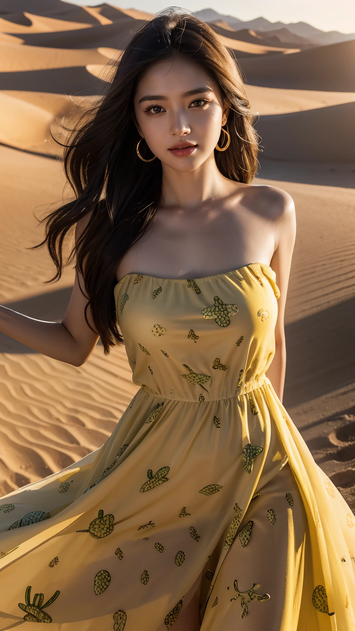 8k, highest quality, ultra detailed:1.37), Eliana, ((18 years)), a beautiful Asian girl, (Sahara Desert), ((flat desert view)), (((Highway))), ((cactus)), (sand surface), (desert sand), ((Evening Light)), (Beautiful Luxury floral Yellow Sundress), ((luxury yellow floral colour dress)), The high-resolution image captures ultra-detailed realism, highlighting Eliana's determined expression, piercing eyes, and confident stance, adding to the authenticity and significance of the image. This visually striking representation showcases Eliana's strength and dedication as a Beauty, cute knees, cactus, Beautiful Smile 1:2, ((Detailed face)), ((Perfect body figure)), ((Detailed hair)), ((Detailed Dress)), 64k, stylish Poses, (Big ice cube in background),  