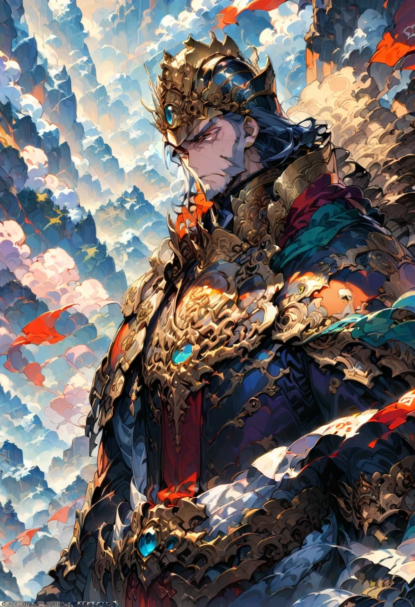 The emperor, dressed in armor and holding a long sword, stood on the mountaintop. His gaze was firm, gazing into the distance. The background is magnificent mountains and fluttering flags, (masterpiece, best quality, perfect composition, very aesthetic, absurdres, ultra-detailed, intricate details, Professional, official art, Representative work:1.3), (Animagine:0.01)