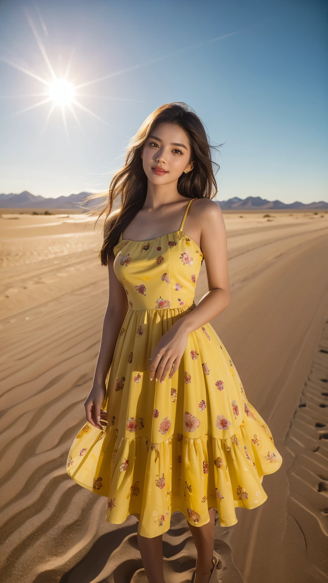 8k, highest quality, ultra detailed:1.37), Eliana, ((18 years)), a beautiful Asian girl, (Sahara Desert), ((flat desert view)), (((Highway))), ((cactus)), (sand surface), (desert sand), ((Evening Light)), (Beautiful Luxury floral Yellow Sundress), ((luxury yellow floral colour dress)), The high-resolution image captures ultra-detailed realism, highlighting Eliana's determined expression, piercing eyes, and confident stance, adding to the authenticity and significance of the image. This visually striking representation showcases Eliana's strength and dedication as a Beauty, cute knees, cactus, Beautiful Smile 1:2, ((Detailed face)), ((Perfect body figure)), ((Detailed hair)), ((Detailed Dress)), 64k, stylish Poses, (Big ice cube in background),
