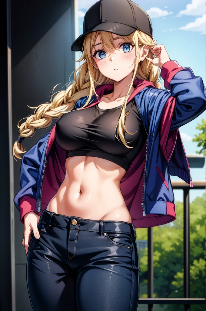 a lady with a blue cap and black bra and jean pants, 1girl, solo, twin braids, braid, hat, blonde hair, blue eyes, jacket, blue jacket, long hair, high-waist pants, pants, hand on hip, black pants, red shirt, breasts, shirt tucked in, shirt, looking at viewer, black headwear, baseball cap, open jacket, hand on headwear, blush, large breasts, long sleeves, open clothes