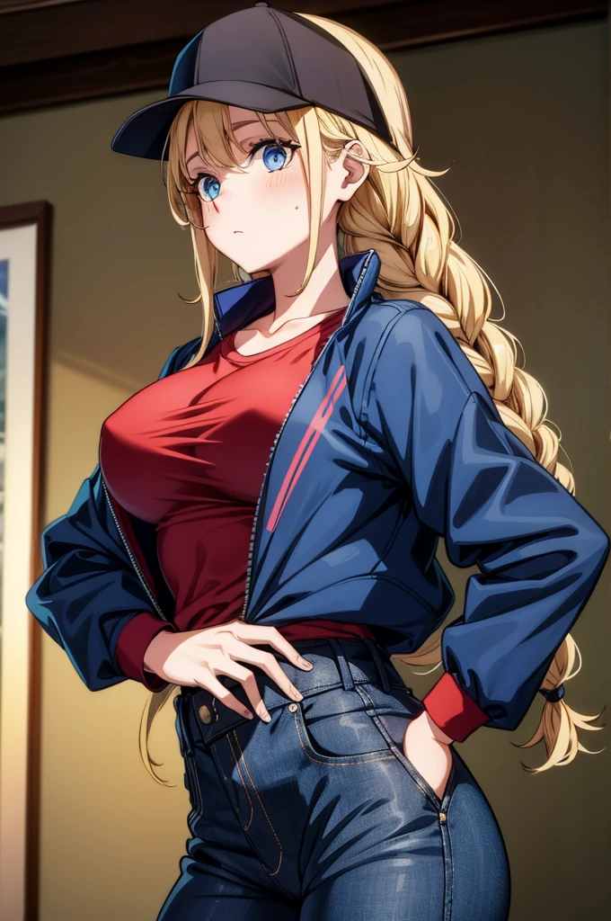 a lady with a blue cap and black bra and jean pants, 1girl, solo, twin braids, braid, hat, blonde hair, blue eyes, jacket, blue jacket, long hair, high-waist pants, pants, hand on hip, black pants, red shirt, breasts, shirt tucked in, shirt, looking at viewer, black headwear, baseball cap, open jacket, hand on headwear, blush, large breasts, long sleeves, open clothes