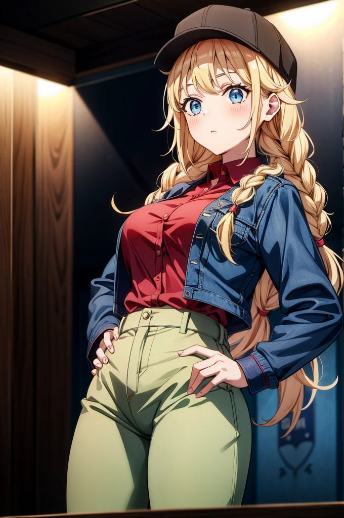 an animated female character standing on top of a podium with a hat on a table, 1girl, solo, hat, breasts, denim, jacket, blonde hair, pants, braid, blue eyes, twin braids, blue jacket, large breasts, long hair, shirt, black headwear, red shirt, hand on hip, looking at viewer, open jacket, open clothes, long sleeves, blush, shirt tucked in, high-waist pants, baseball cap, jeans, hand on headwear, bangs
