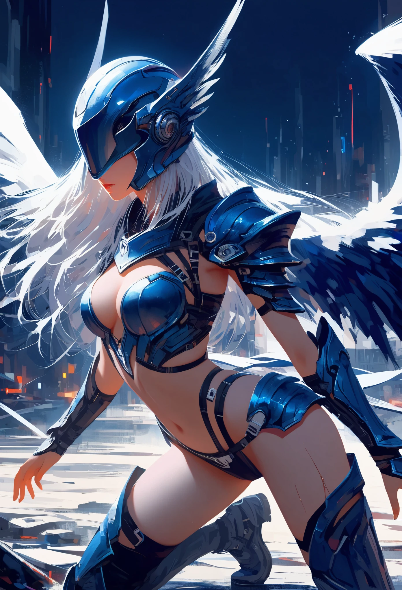 In a destroyed future city，Wearing futuristic armor、Mid shot of ???? woman，Has scratches and stains, fantasy, Science fiction, 美しい女??????な顔, charming, ??????, haze, 明亮charming的眼睛, dramatic, A masterpiece of the highest quality, actual, familiar, 8K, high dynamic range, Shallow depth of field, movie lighting, bloom, shining, Color difference, sharp focus
