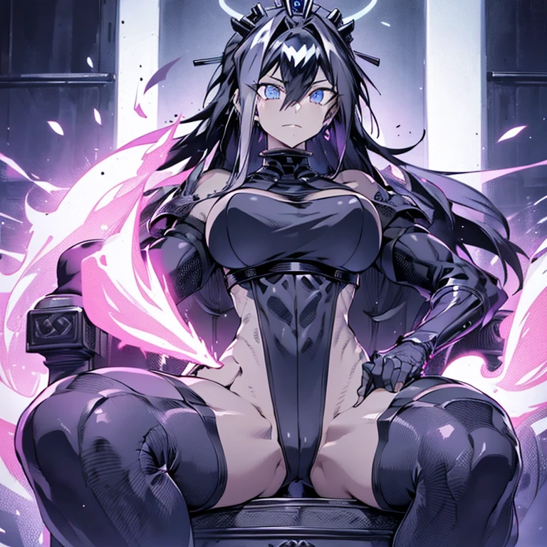 (waifu), ((huge throne)), huge chair, marle barrock, ((long hair)), in castle, dark castle, medieval, (full body), (high resolution), (high res), great quality, mature, perfect eyes, strong shadows, detailed face, detailed abs, direct light, under light, strong jaw, massive ass, neon lights, thick thighs, long torso, wide waist, skinny torso, fit, perfect face, neon light, (tight armor), (colorful vibrant light),