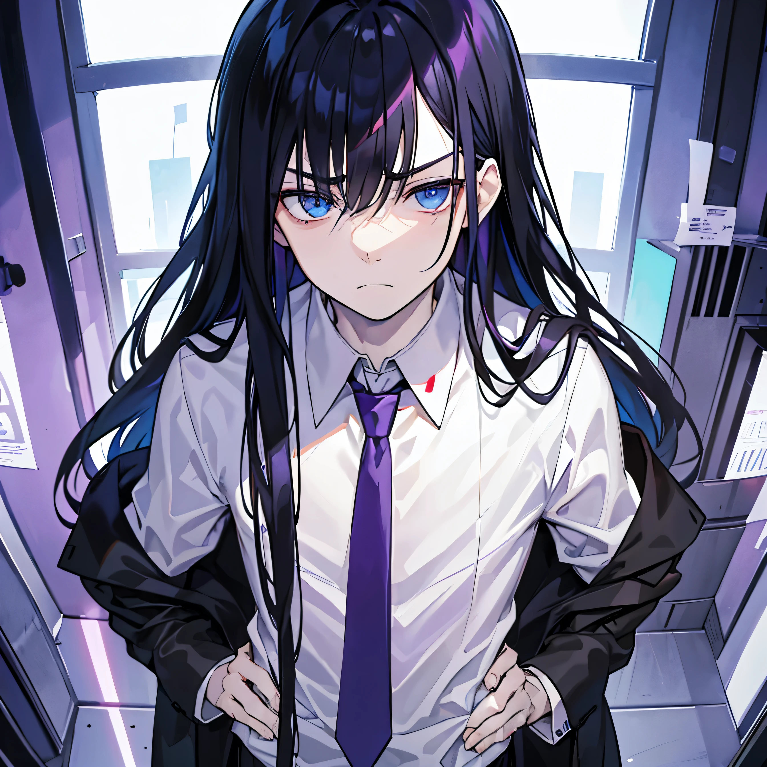 best quality, male, grumpy, standing, looking at viewer, long hair, black hair, colored inner hair, purple hair, blue eyes, droopy eyes, pale skin, tall, necktie, mole, 30-year-old