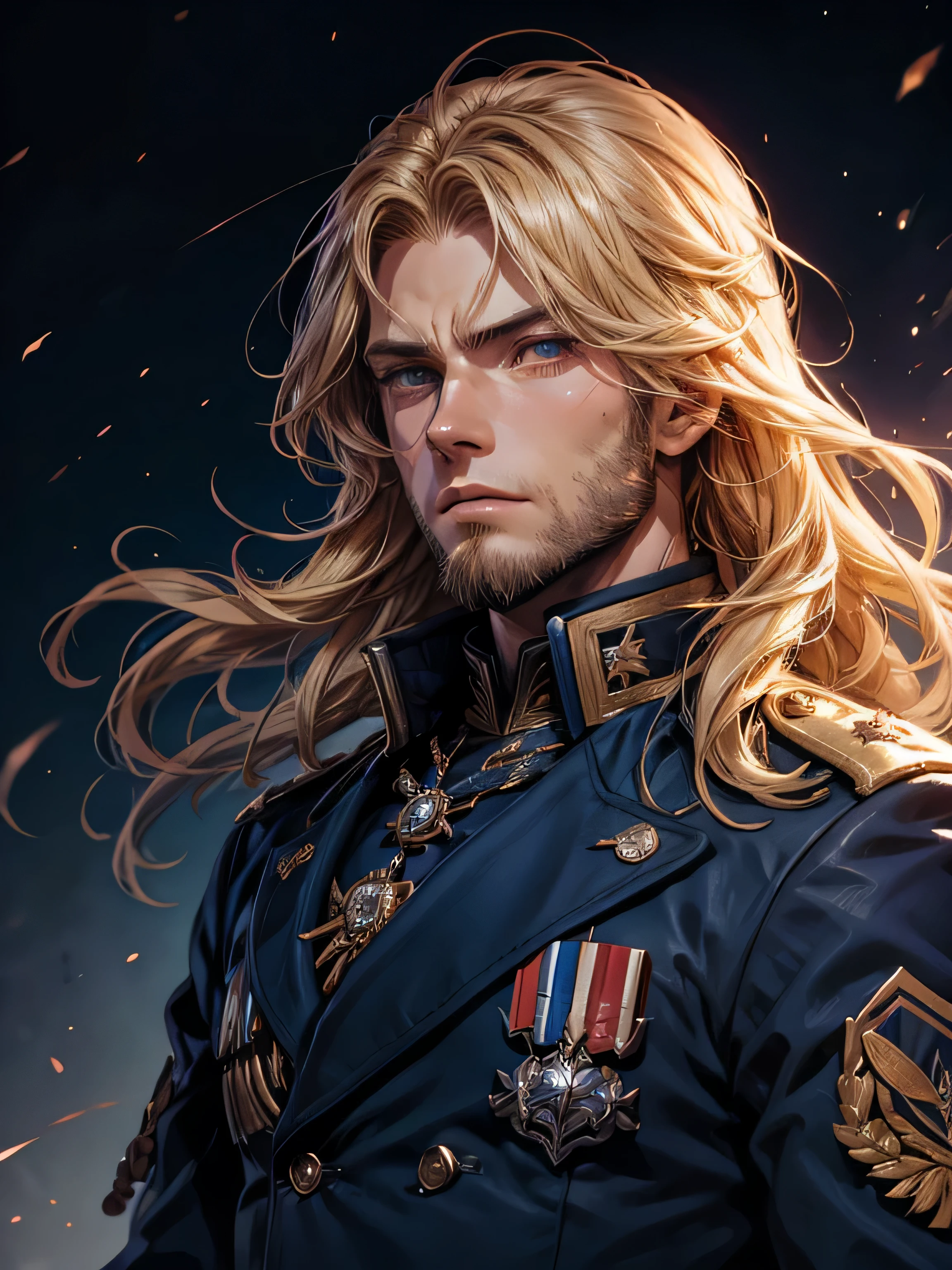 male, late 30s, blond, shoulder-length, middle-part wavy hair, light-purple, deep-set, Sanpaku eyes, slightly thick blond beard, aquiline and hooked nose, slightly underbite, chiseled, slightly long face, fearless expression, strong and dependable body, navy blue military uniform, portrait