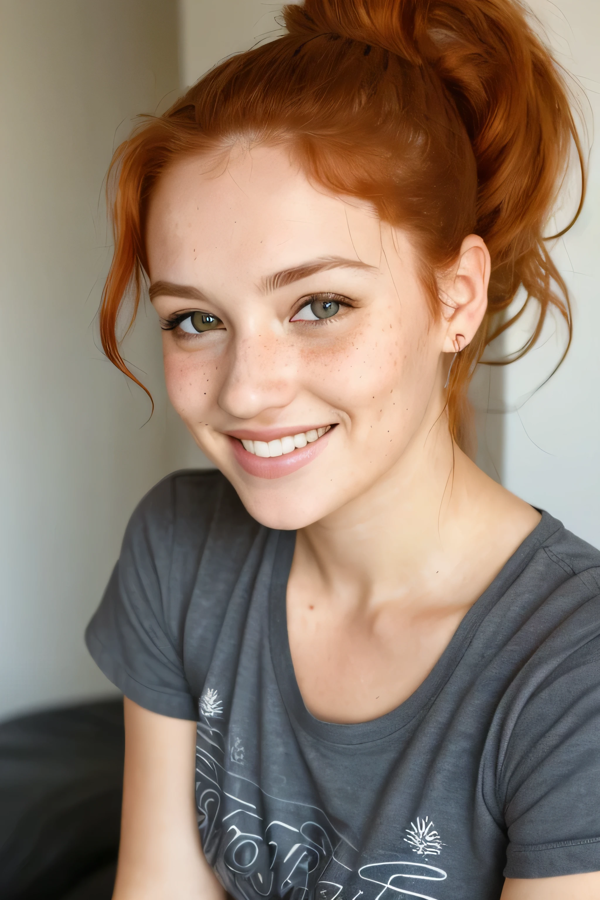 beautiful woman, close up, t-shirt, (detailed eyes:0.8), (looking at the camera:1.4), (highest quality), (best shadow), brown eyes, rim lighting, two tone lighting, dimly lit, low key, intricate details, interior, ponytails, ginger hair:1.3, open mouth:0.7, cute smile, freckles  