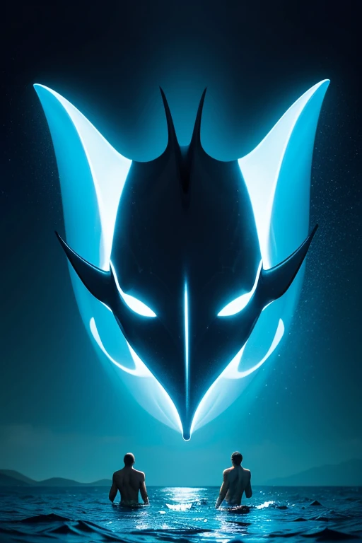 A faceless man who is a mix of a manta ray and human muscular man that floats above the water with a glowing aura of flames that is blinding.