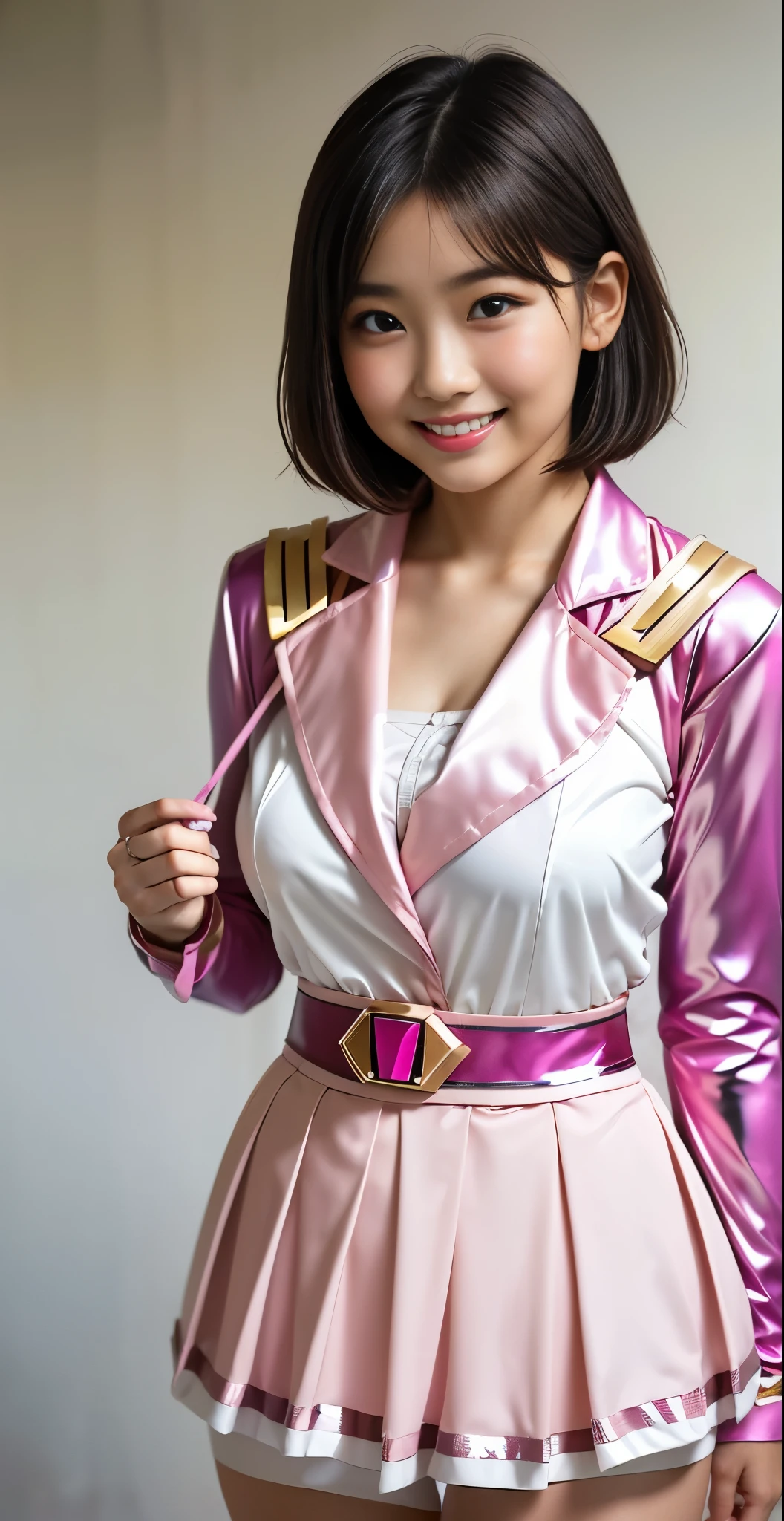 （8K、Raw photography、highest quality、masterpiece：1.2),(black haired、very short hair:1.8),(twin mitsu braid:1.4)、show viewer,Looking at the front,erotic,白いskin,(Wearing a shiny pink ranger costume:1.9)、(no background)、(Clothing that emphasizes the shape of your chest、publish one&#39;skin:1.4)、(big breasts :1.4)、slim body shape、ultra high resolution,beautiful,beautiful fece,(alone、no background:1.9),whole bodyボディー,japanese woman,（Photoreal：1.37）、photon mapping,reality、(Baby-faced and cute: 1.5)、(cute smile: 1.7)、(With a round face: 1.7)、radio city、Physically based rendering、depth of field rally background、photograph, (I can see your knees、short skirt、I can see white pants、close up of thighs:1.8),（show polka dot panties:1.4）,whole body、super fine