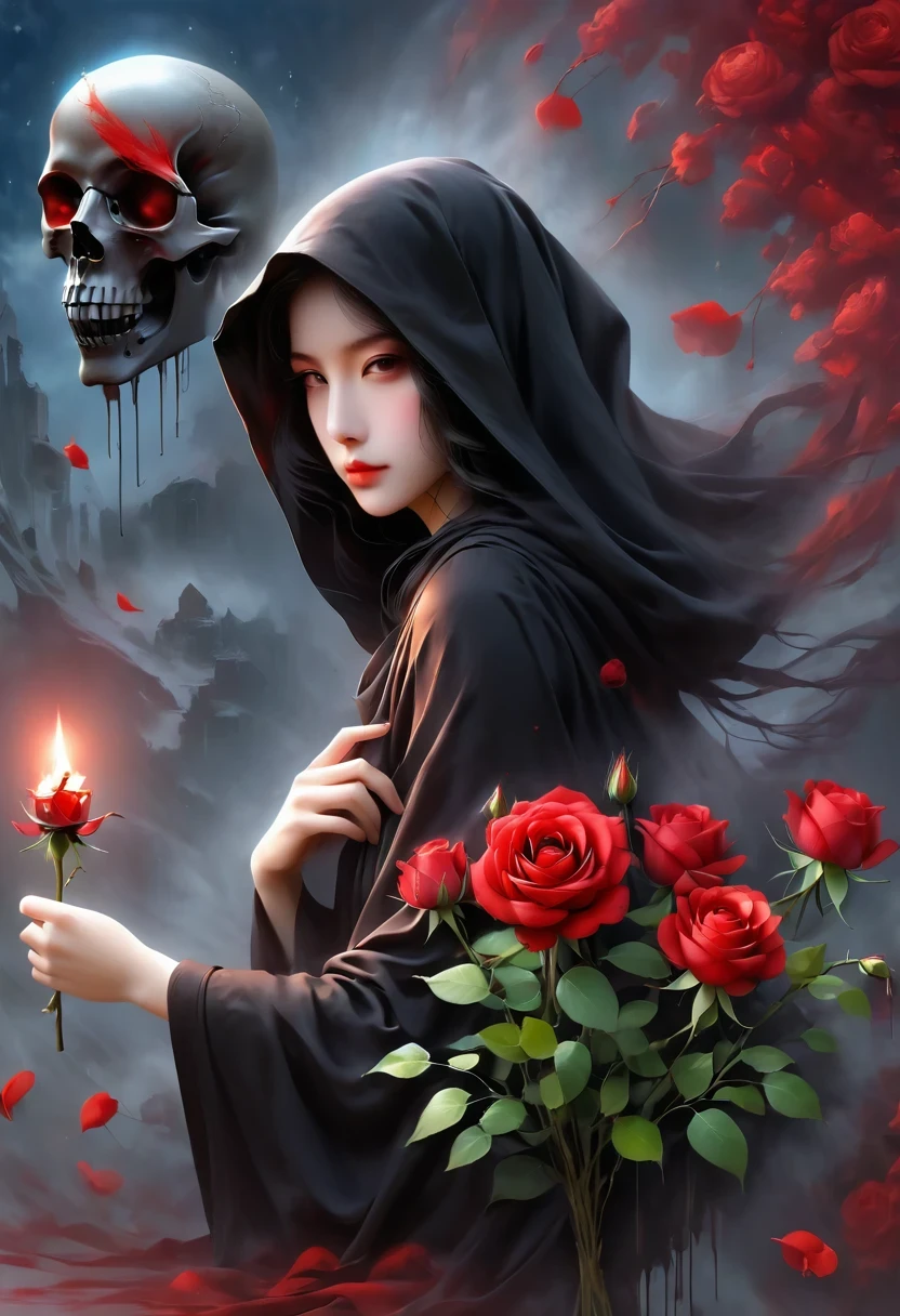 black robe、girl holding red rose, A beautiful female death, Reaper in Overwatch, A harbinger of death,