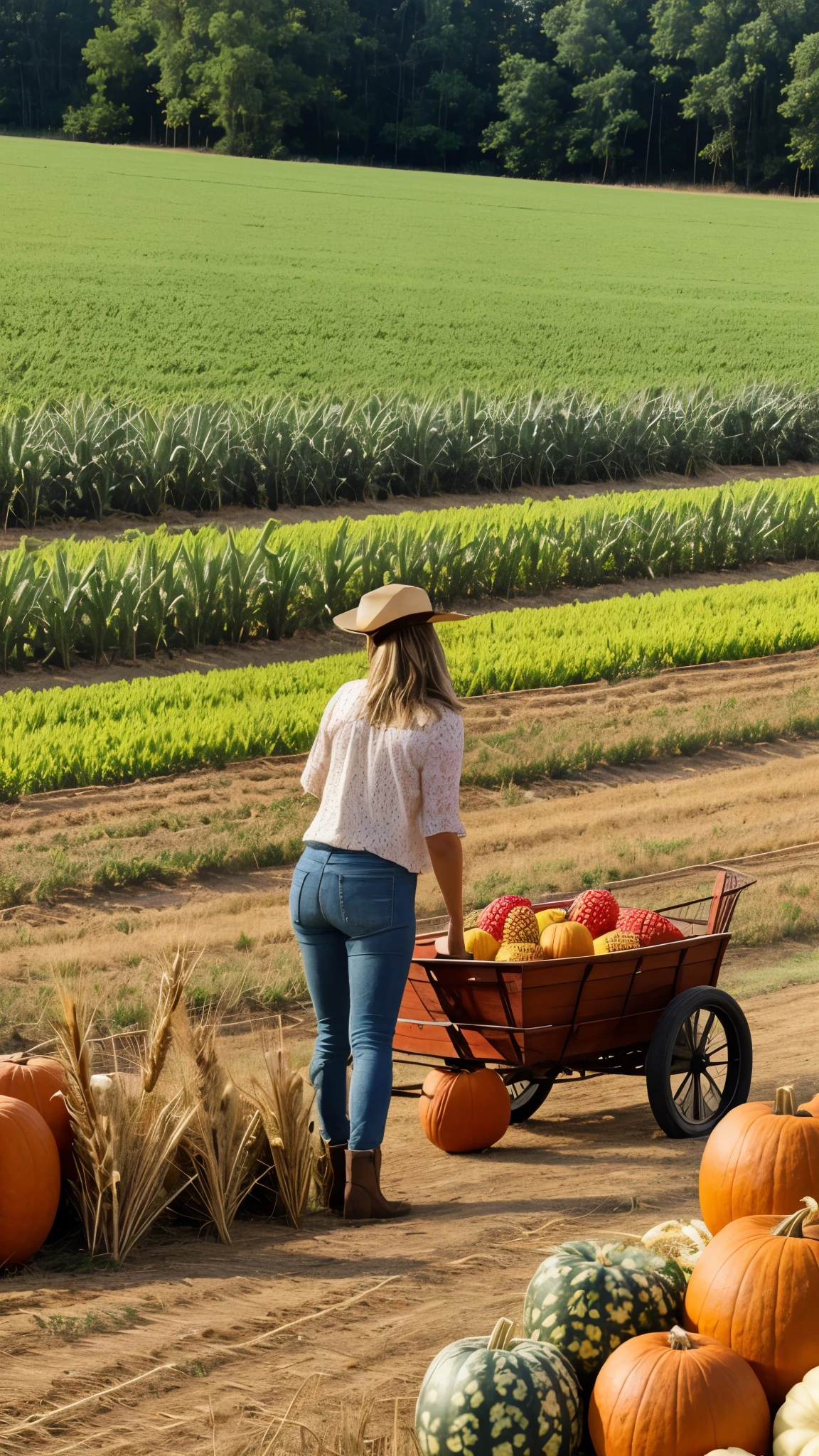 Country girl, wheat, pineapples, watermelons and pumpkins, country farm background 