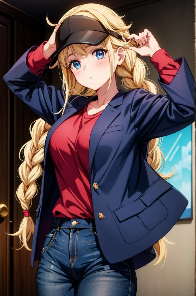 a cartoonish girl in jeans and a blazer holding her phone, 1girl, twin braids, solo, braid, blonde hair, hat, blue jacket, breasts, shirt, red shirt, jacket, blue eyes, pants, long hair, large breasts, shirt tucked in, looking at viewer, blush, hand on headwear, black pants, open jacket, black headwear