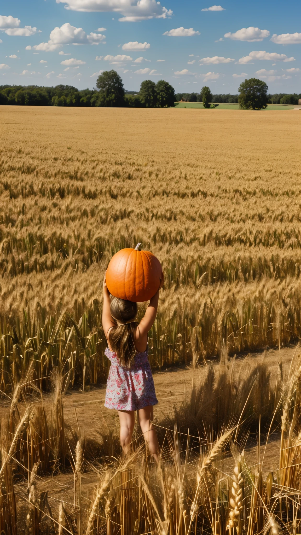 Country girl, wheat, pineapples, watermelons and pumpkins, country farm background