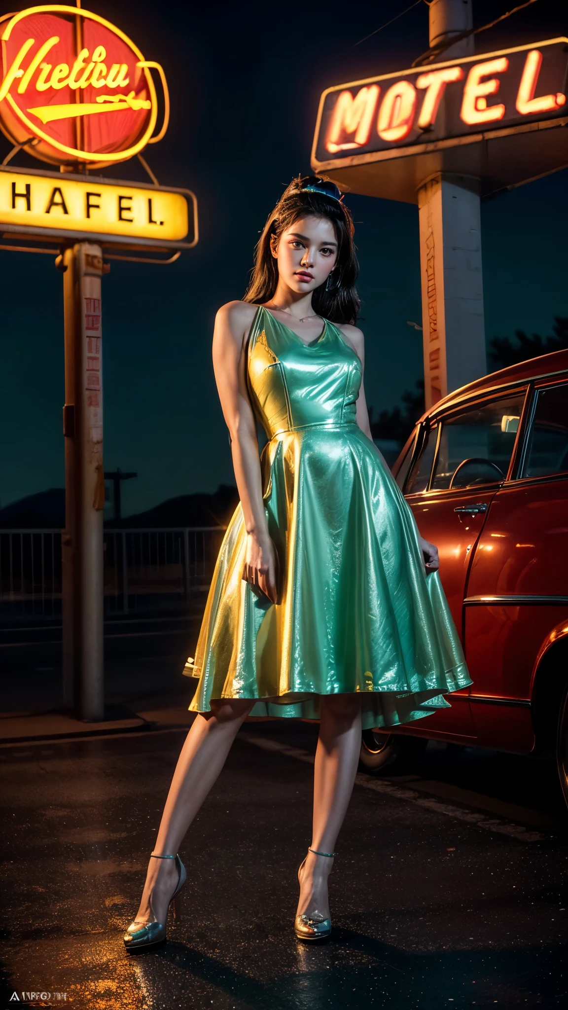 ((masterpiece, highest quality, Highest image quality, High resolution, photorealistic, Raw photo, 8K)), arafed view of a motel with a car parked in front of it, with neon signs, A woman waiting for a guest in front of a motel, seduction, satin silky short dress and high heels, route 6 6, neon signs, 1 9 5 0 s americana tourism, some have neon signs, neon lights outside, neon advertisements, gigantic neon signs, neon shops, by Arnie Swekel, few neon signs, neon signs in background, 64k, (Close up shot), Ray Tracing CG Unity 8k walpaper, (Detailed Dress), (Detailed body), (detailed skin), 