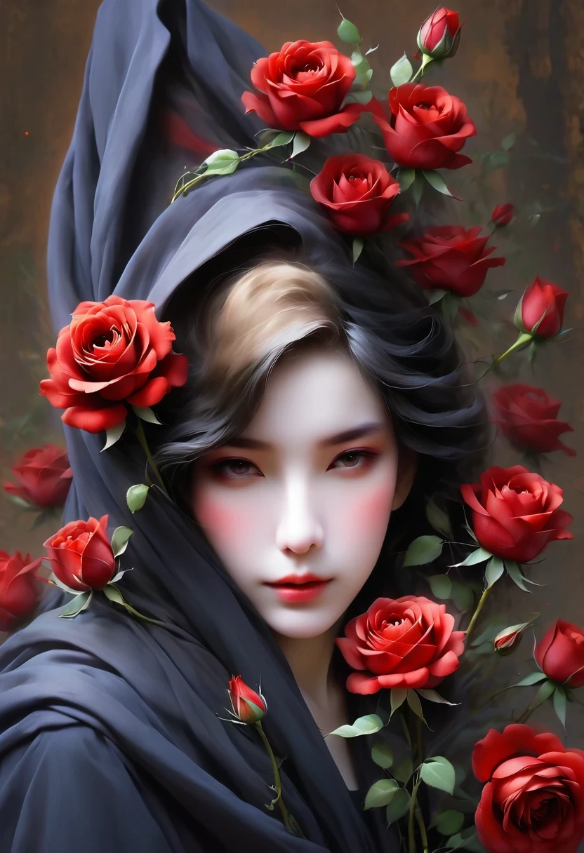 black robe、girl holding red rose, A beautiful female death, Reaper in Overwatch, A harbinger of death,