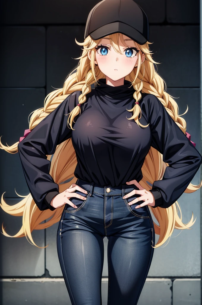 a cartoon anime girl posing in a black hat and outfit while holding a cell phone, 1girl, twin braids, solo, pants, braid, breasts, hat, blonde hair, blue eyes, large breasts, denim, jeans, long hair, hand on hip, blush, black headwear, looking at viewer, jacket, baseball cap, long sleeves, outdoors