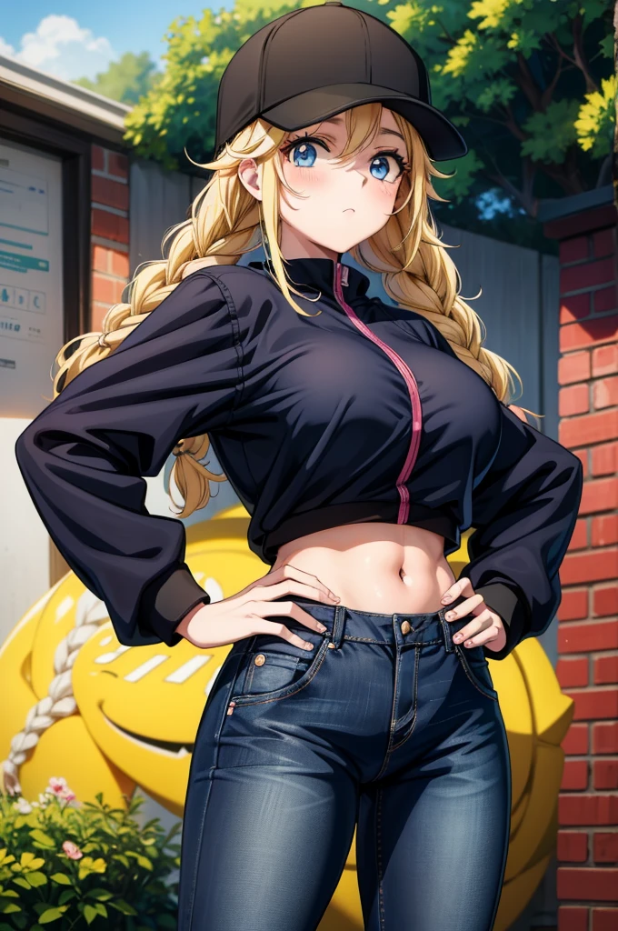 a cartoon anime girl posing in a black hat and outfit while holding a cell phone, 1girl, twin braids, solo, pants, braid, breasts, hat, blonde hair, blue eyes, large breasts, denim, jeans, long hair, hand on hip, blush, black headwear, looking at viewer, jacket, baseball cap, long sleeves, outdoors